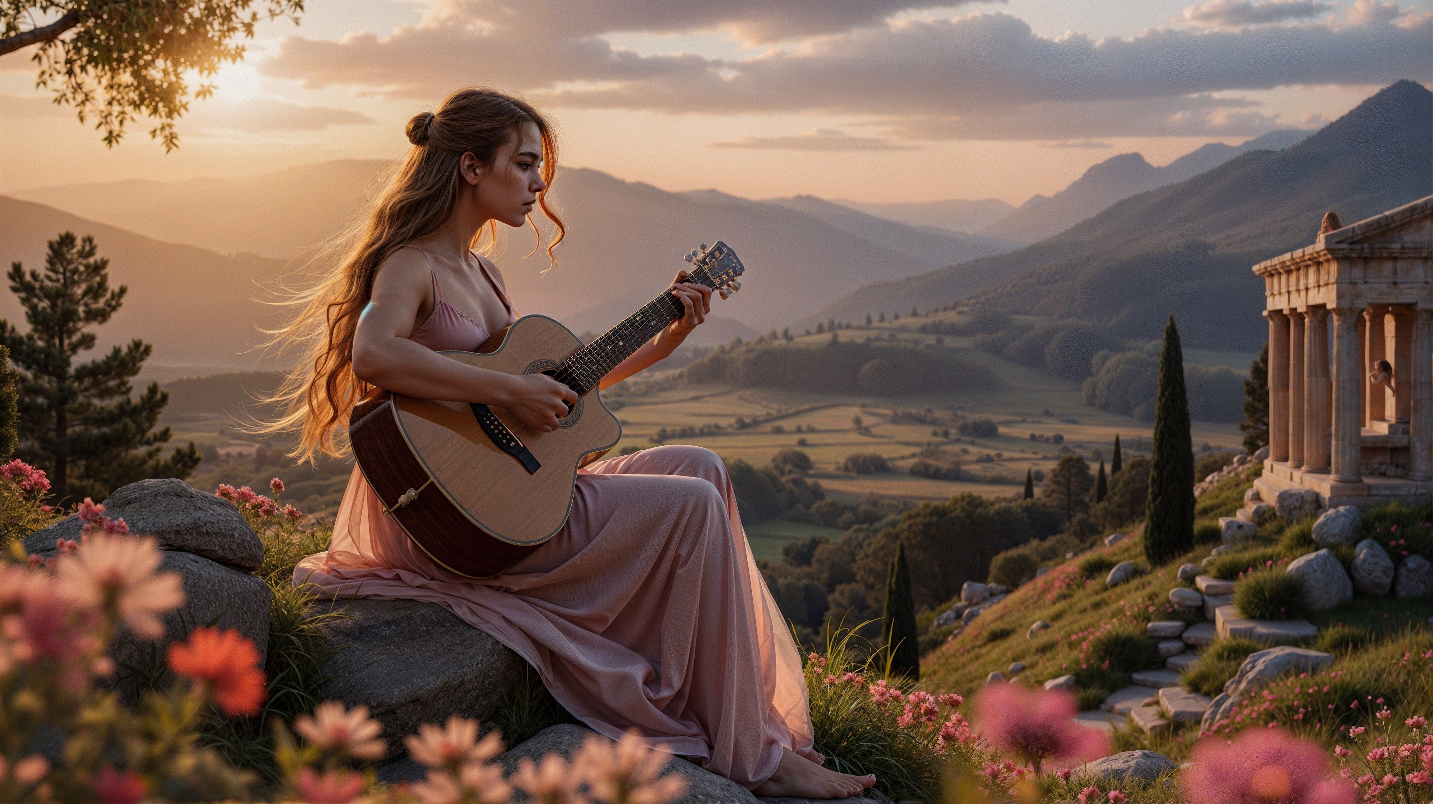 Young Woman in Pink Dress Playing Guitar at Sunset