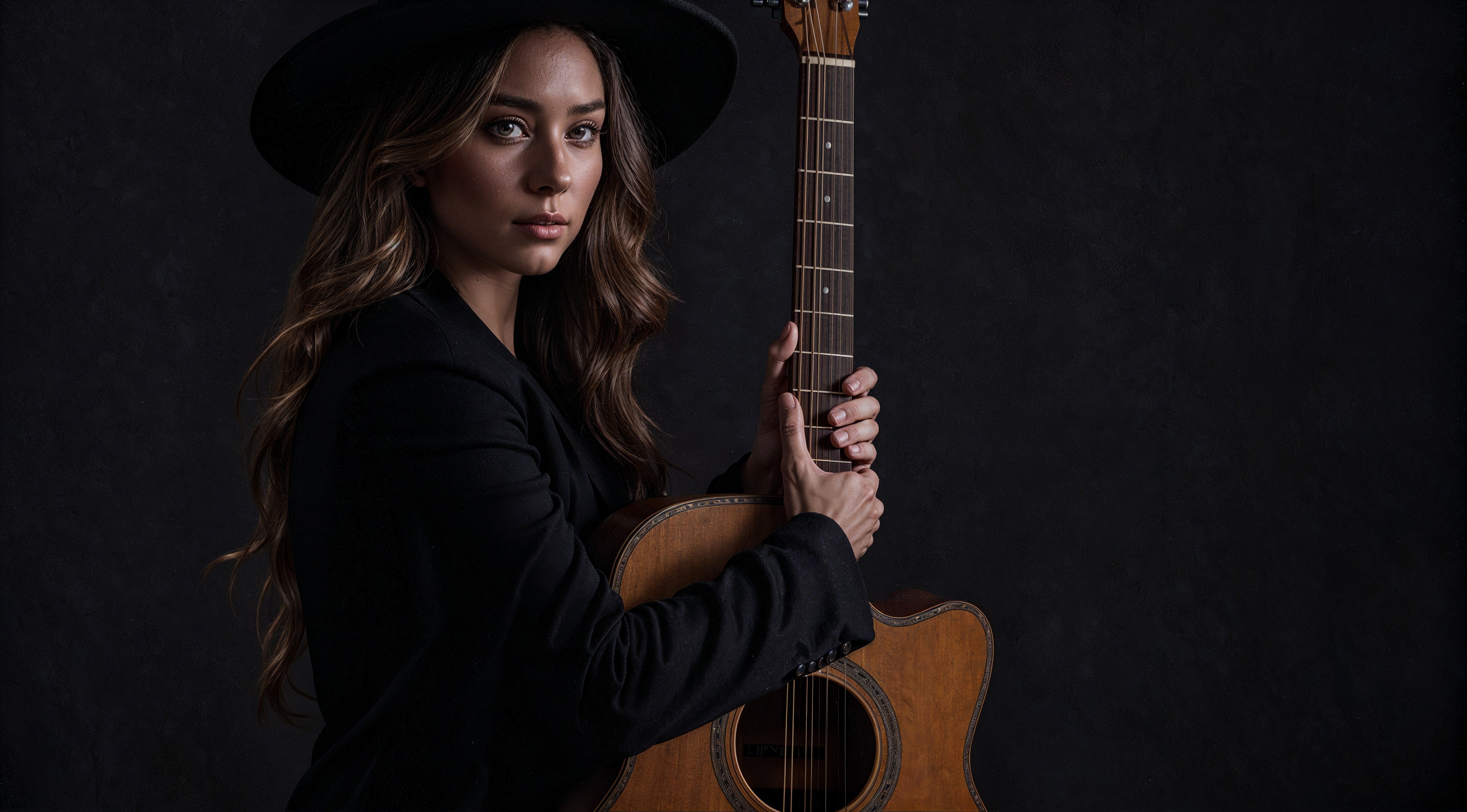 Young woman with guitar in stylish black outfit