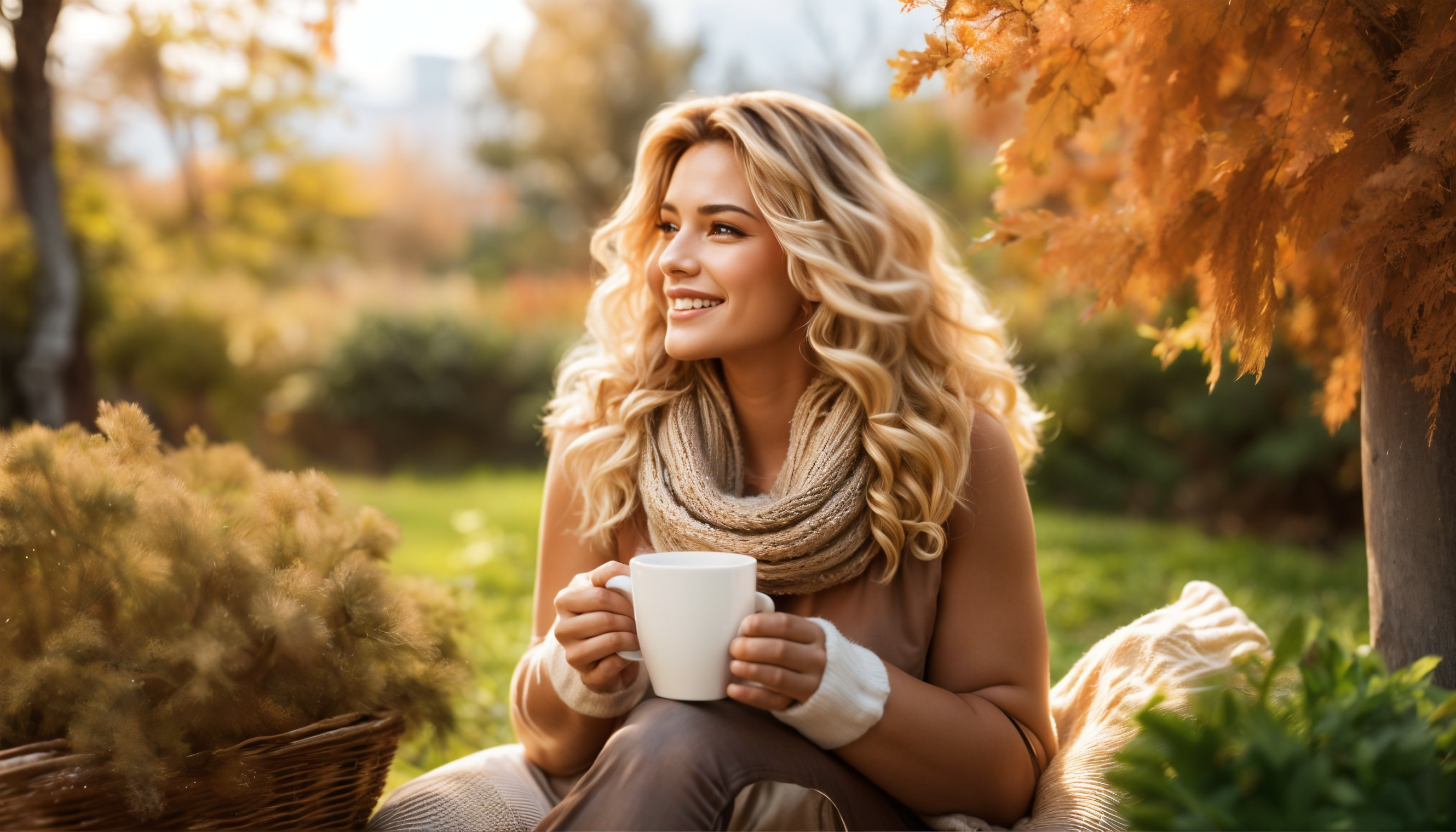 Young Woman Enjoying Autumn Outdoors with Coffee