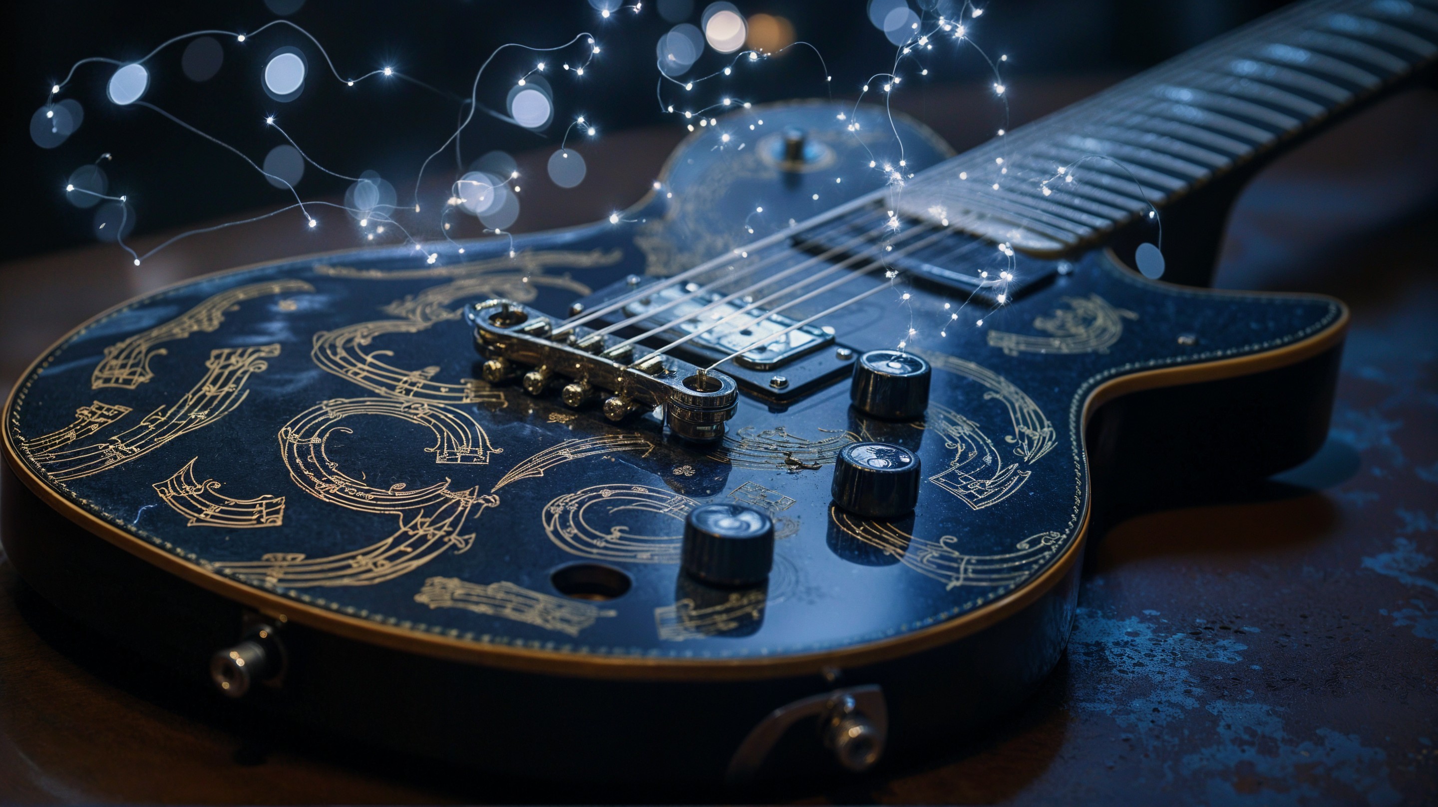 Detailed Electric Guitar with Golden Motifs and Lights