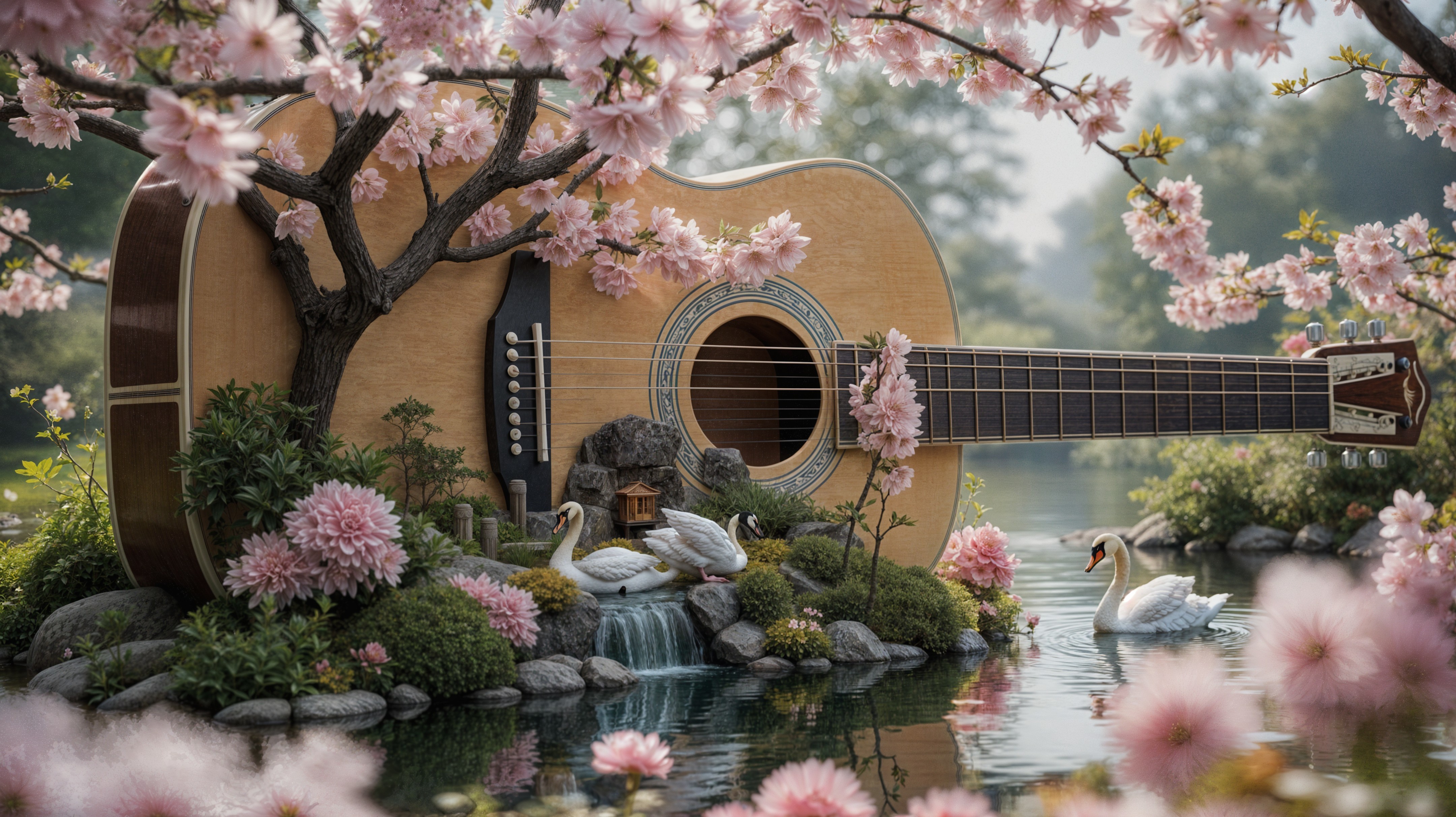 Serene Landscape with Guitar and Cherry Blossoms