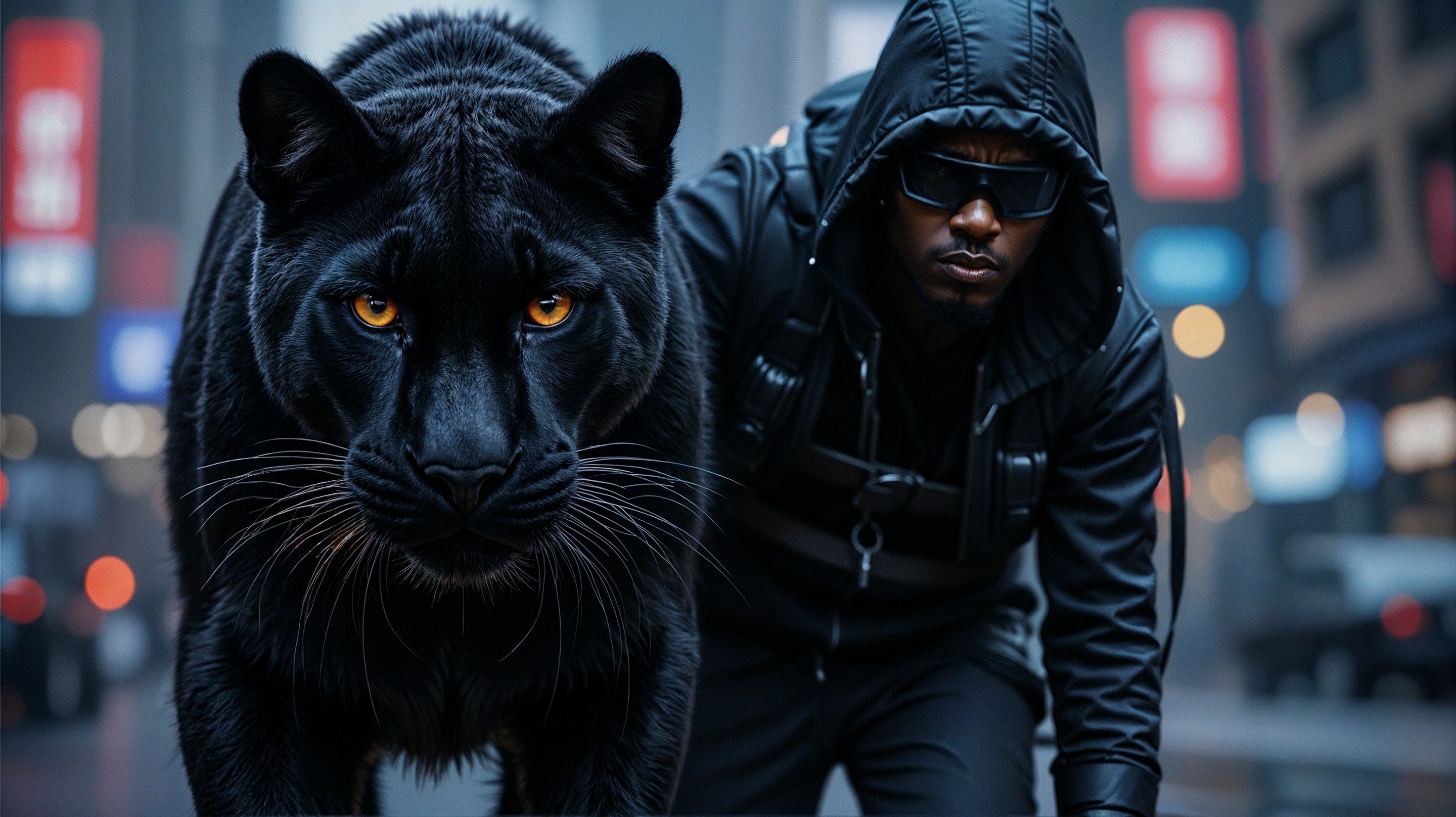 Black Panther and Man in Urban Setting with Skyscrapers