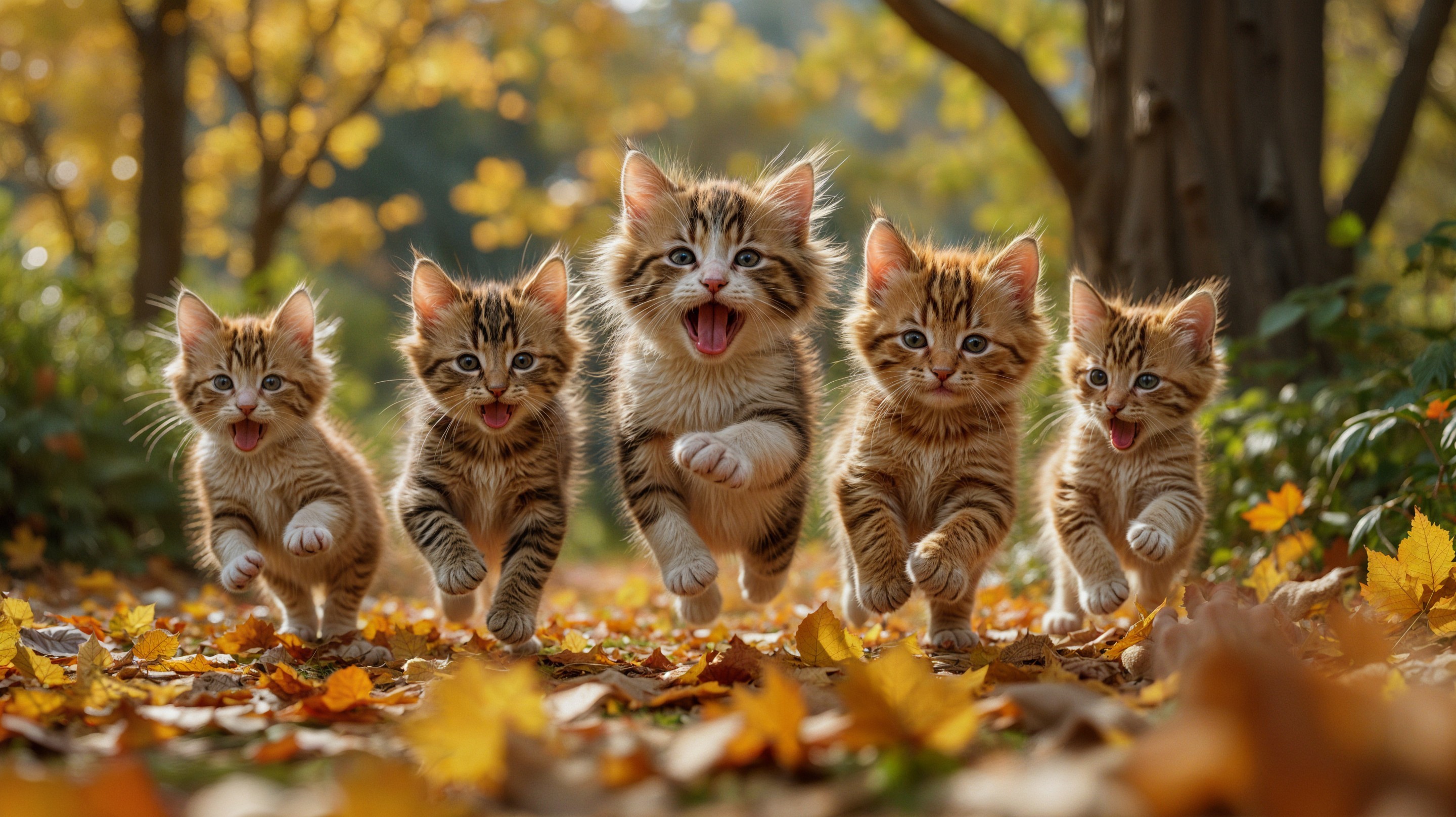 Five Tabby Kittens Running Through Autumn Leaves