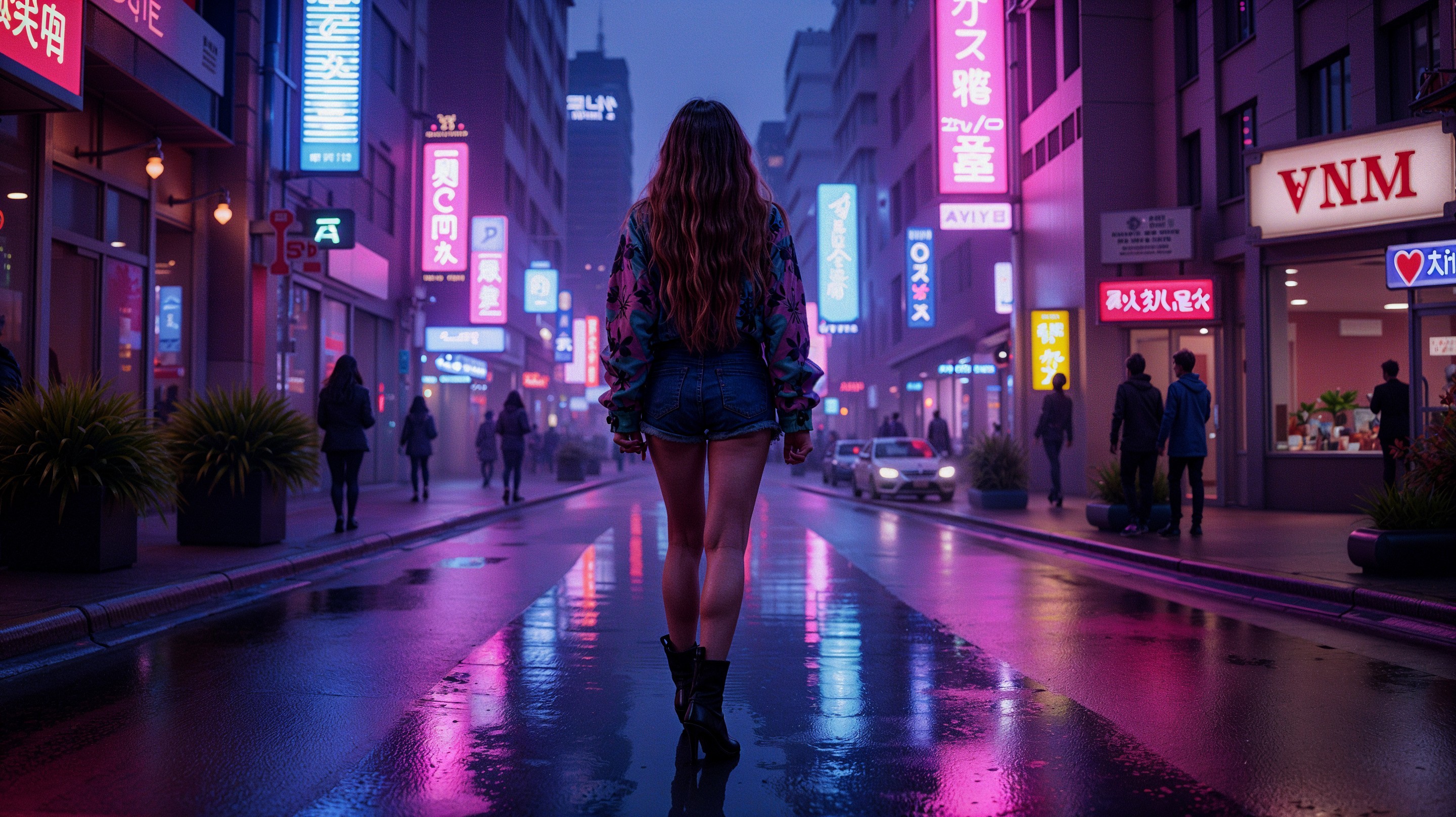 Woman in Neon Street with Vibrant Reflections