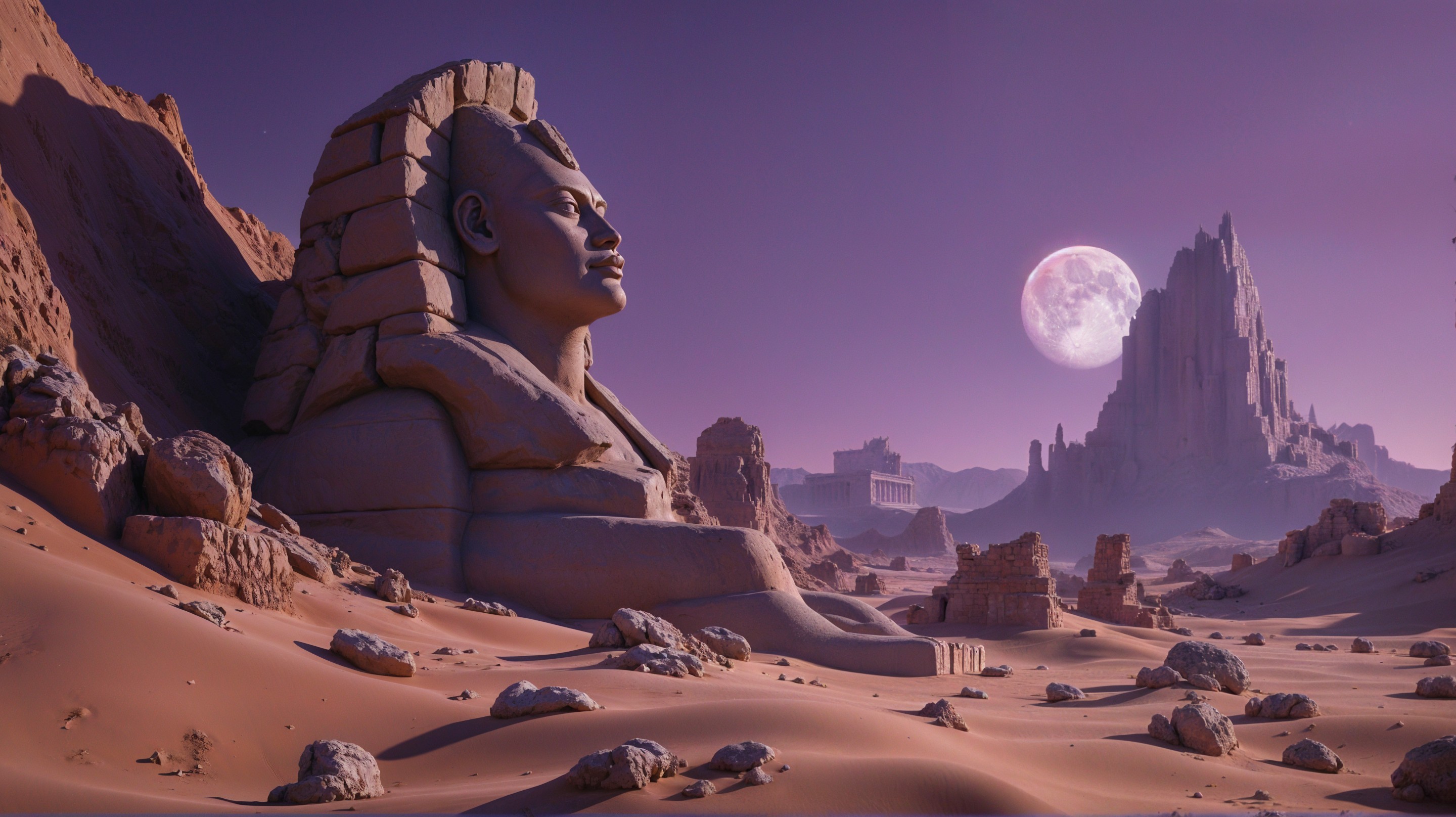 Colossal sphinx in surreal desert landscape at night