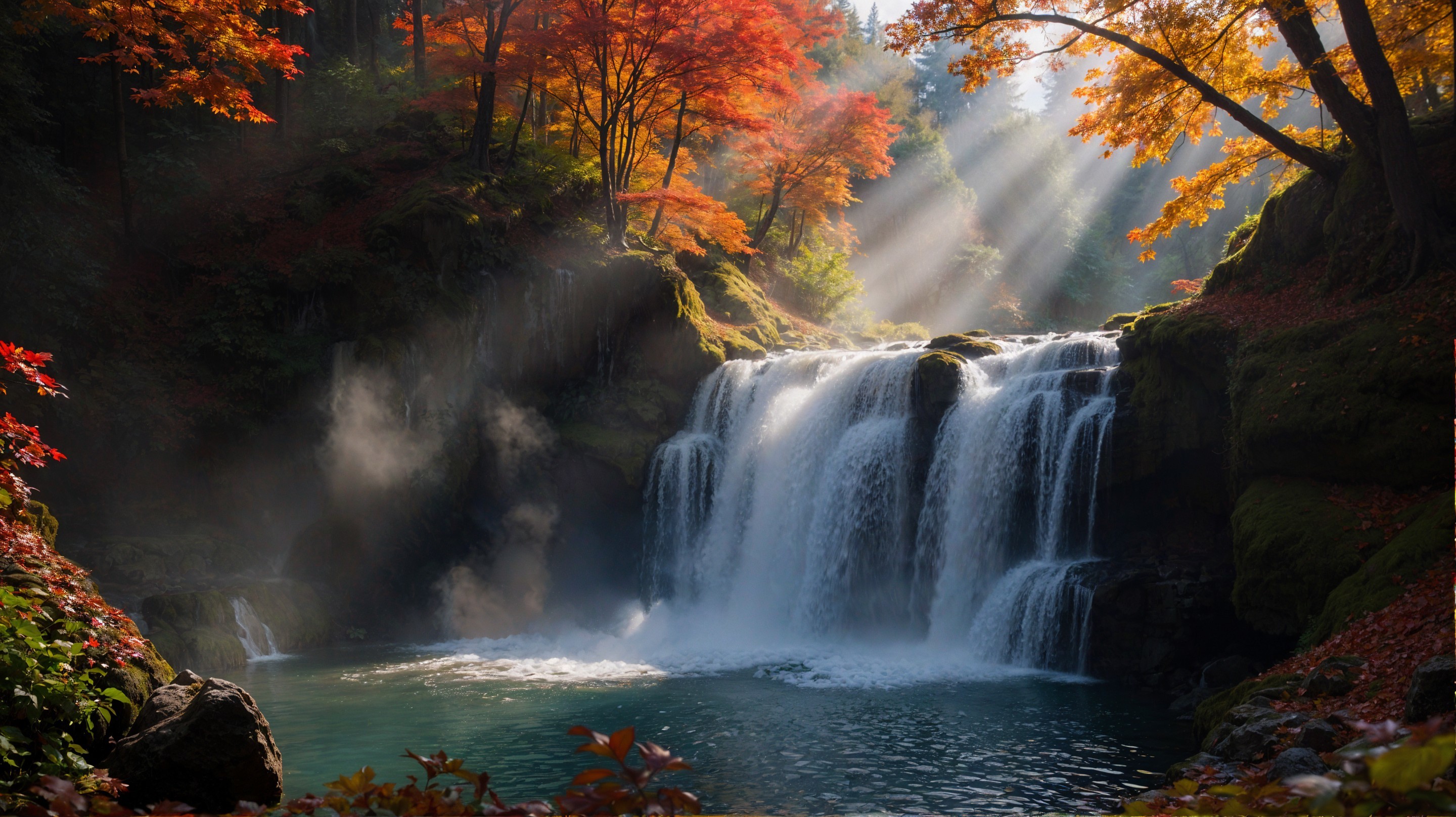 Serene Waterfall Surrounded by Autumn Foliage