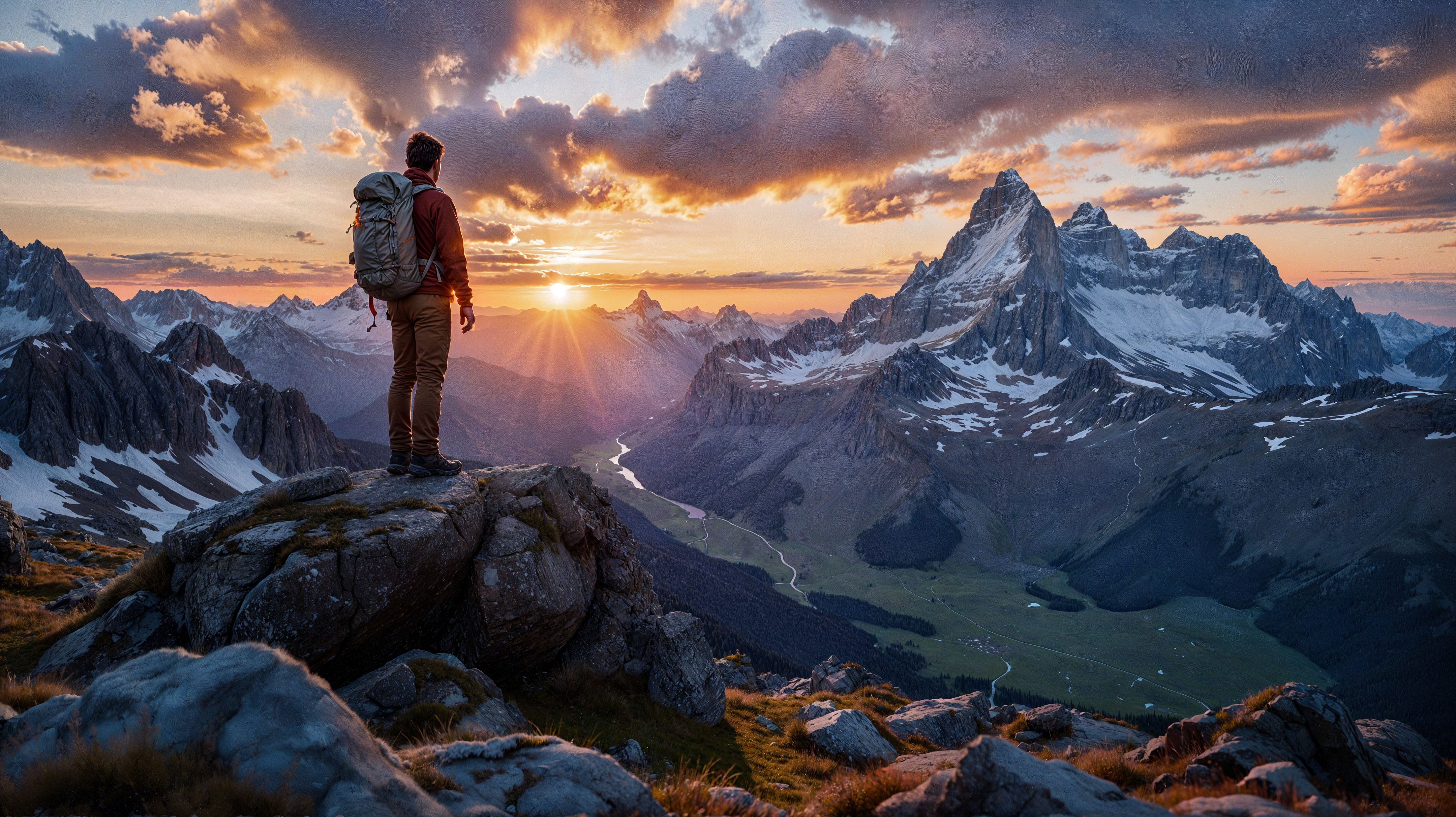 Lone Hiker Overlooks Sunset and Mountain Landscape