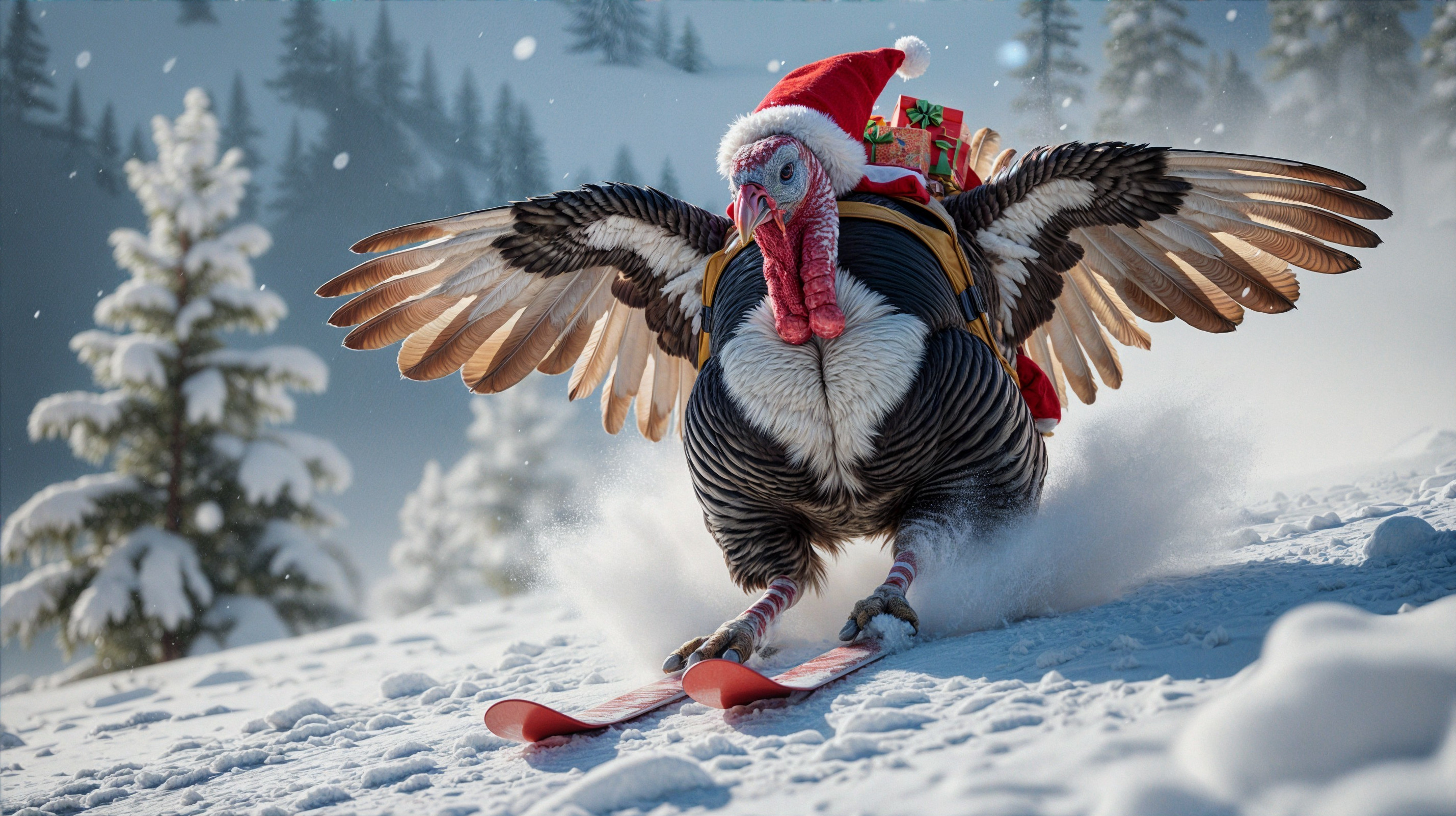Turkey in Santa Hat Skiing in a Snowy Landscape