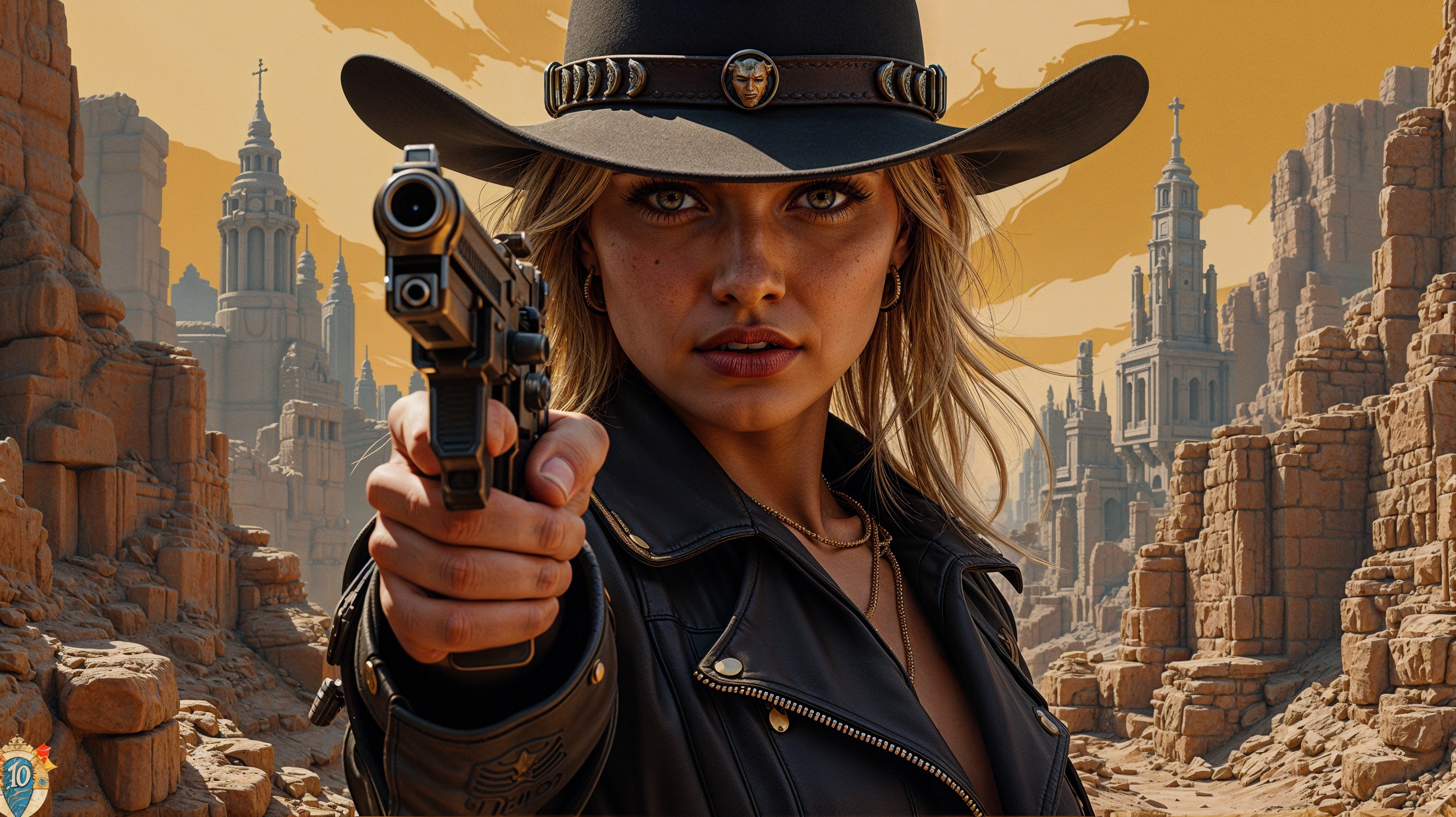 Confident Woman in Leather Jacket in Dramatic Landscape