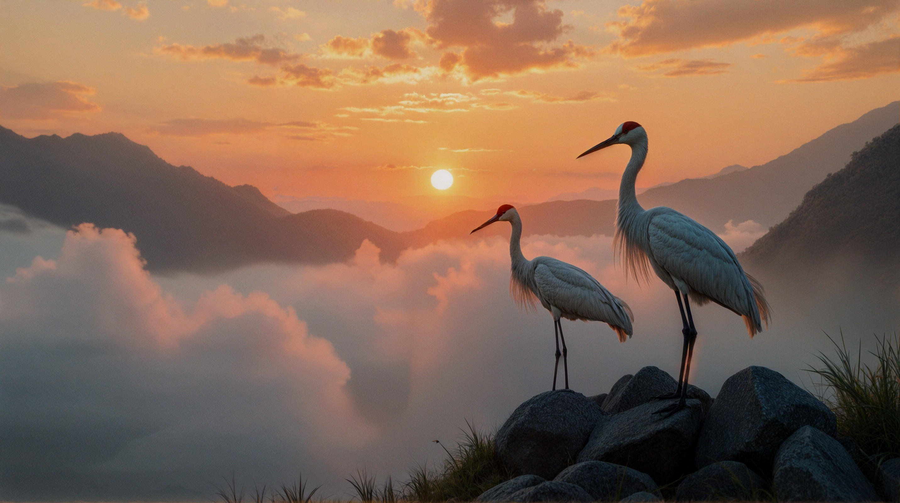 Elegant cranes silhouetted at sunset with mountains