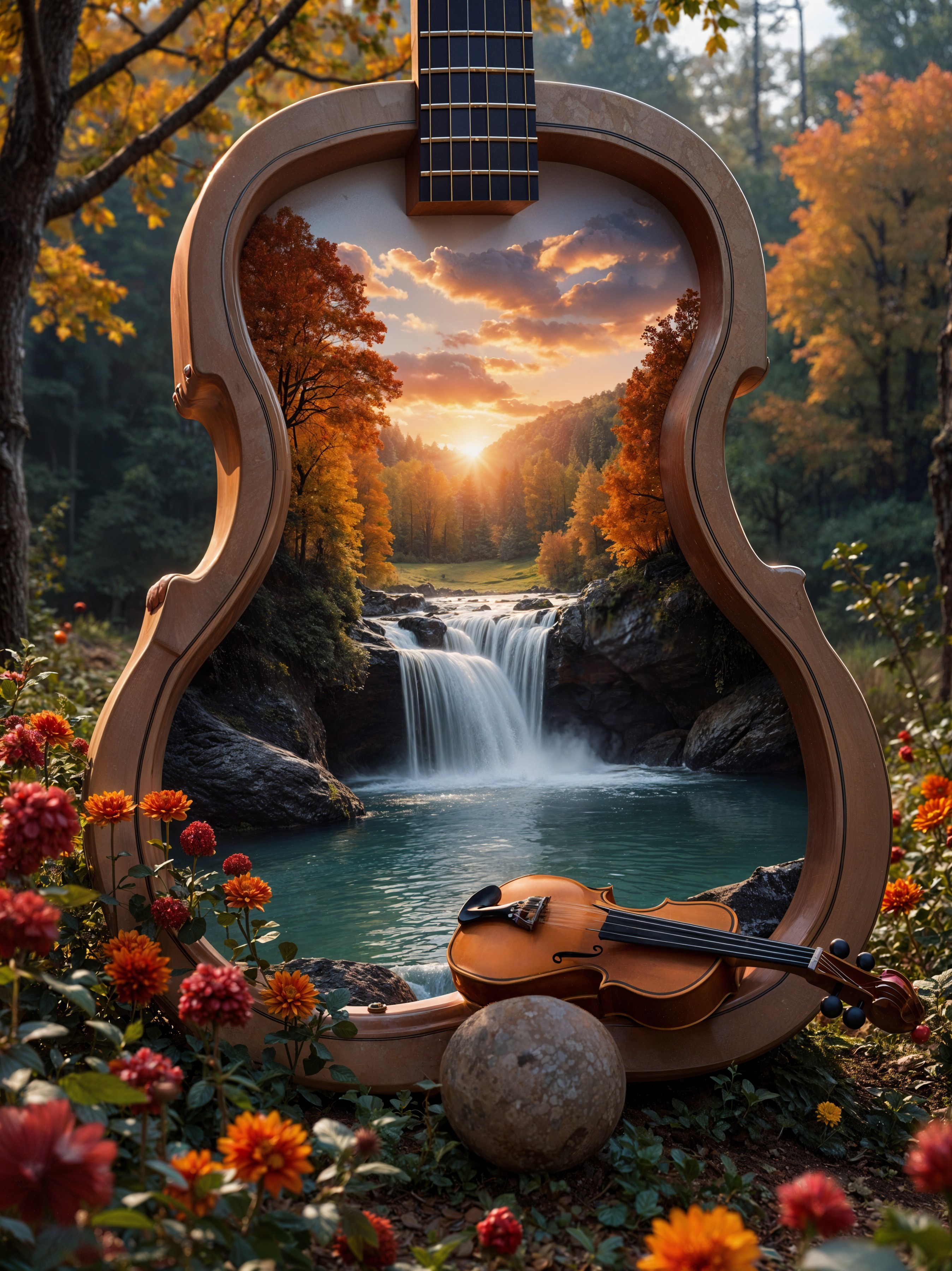 Guitar Frame Showcasing Forest Waterfall Landscape