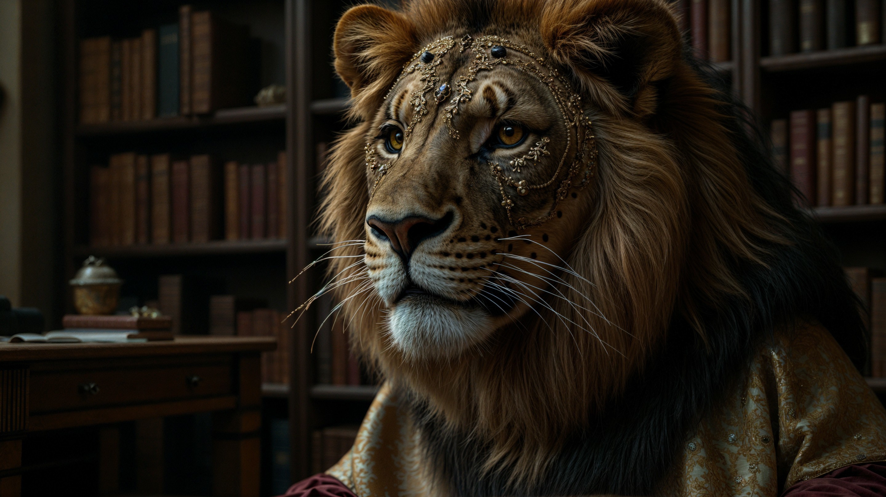 Regal lion with golden jewelry in a lavish library