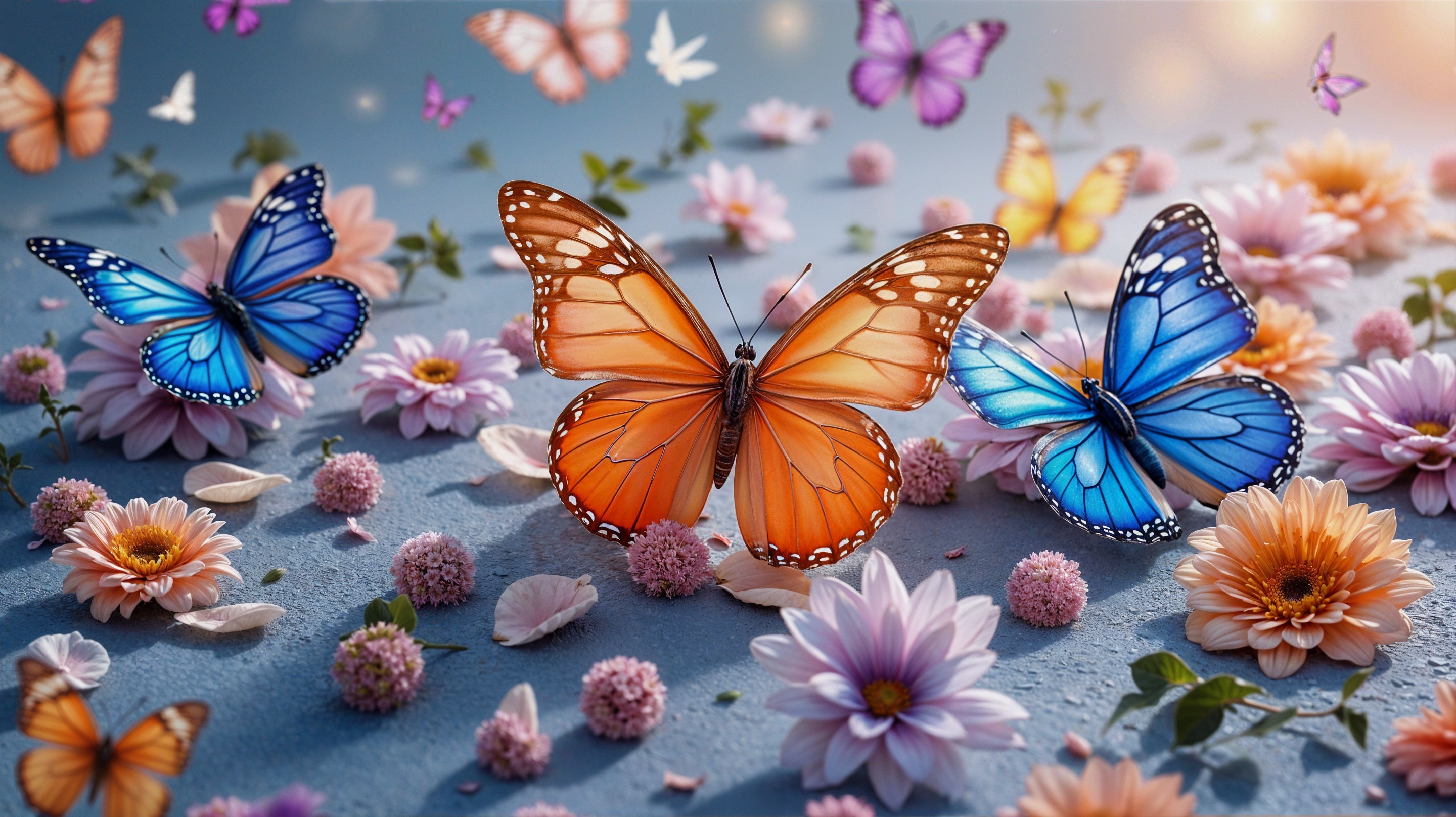 Colorful Butterflies Above Blooming Flower Bed