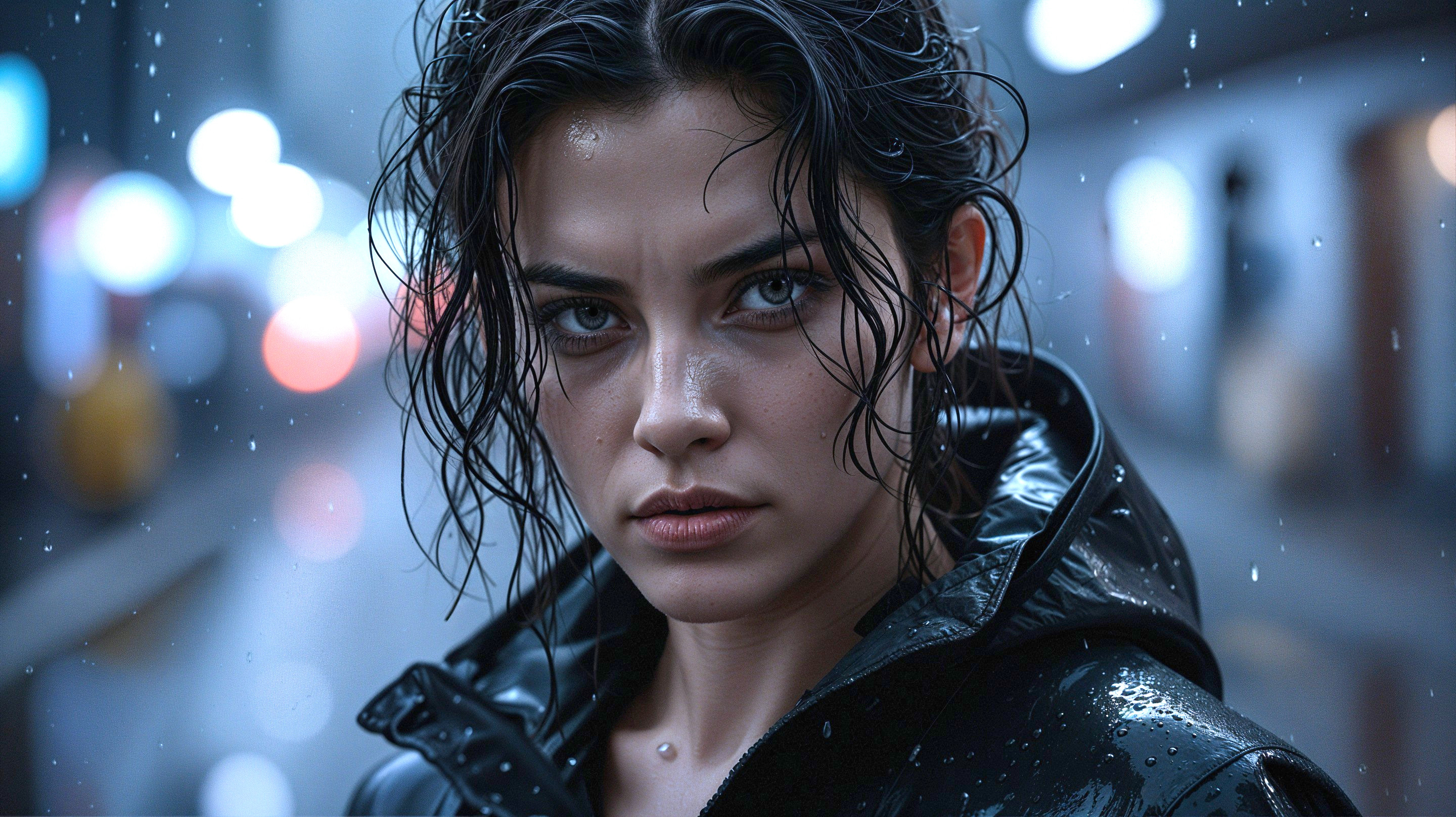 Close-up of a woman with wet hair and dramatic lighting