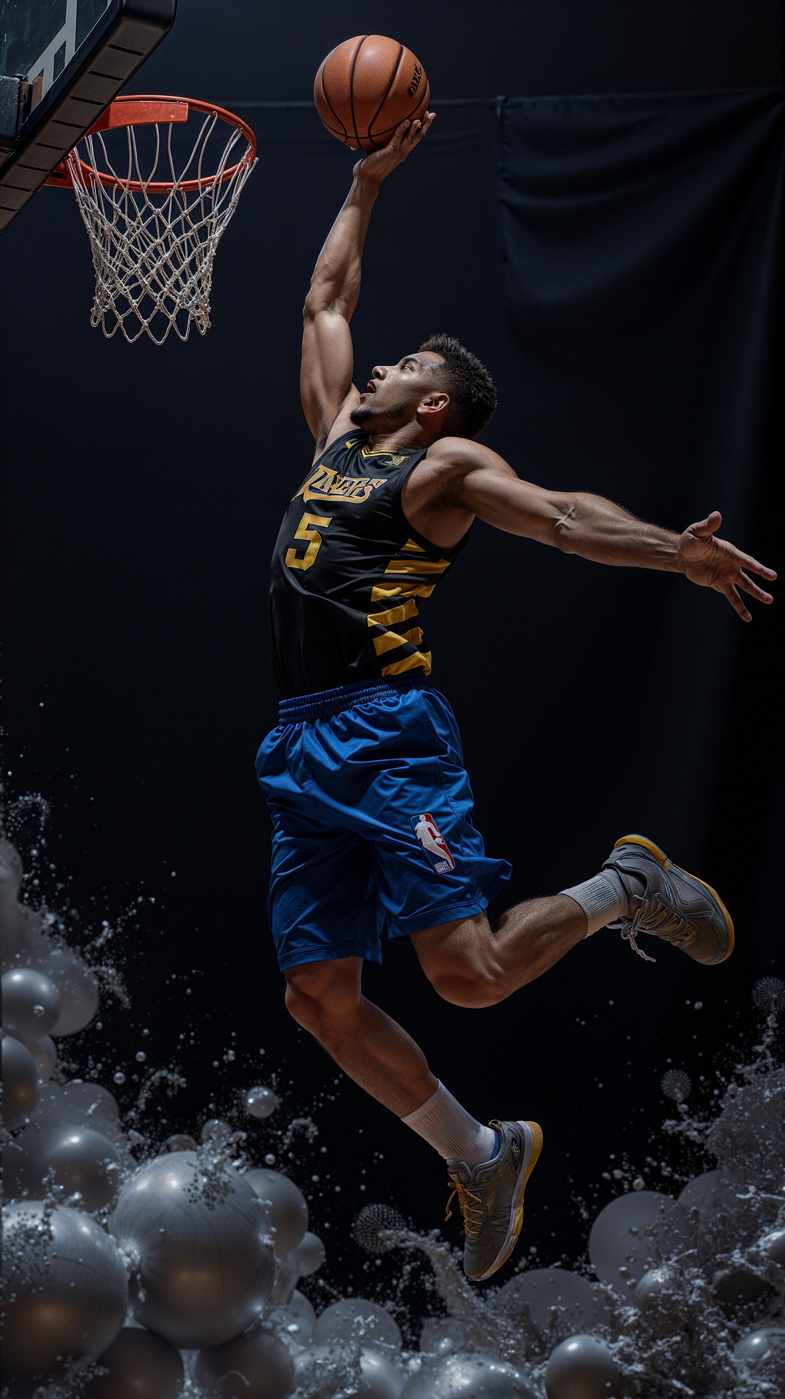 Basketball Player Performing a Slam Dunk in Action