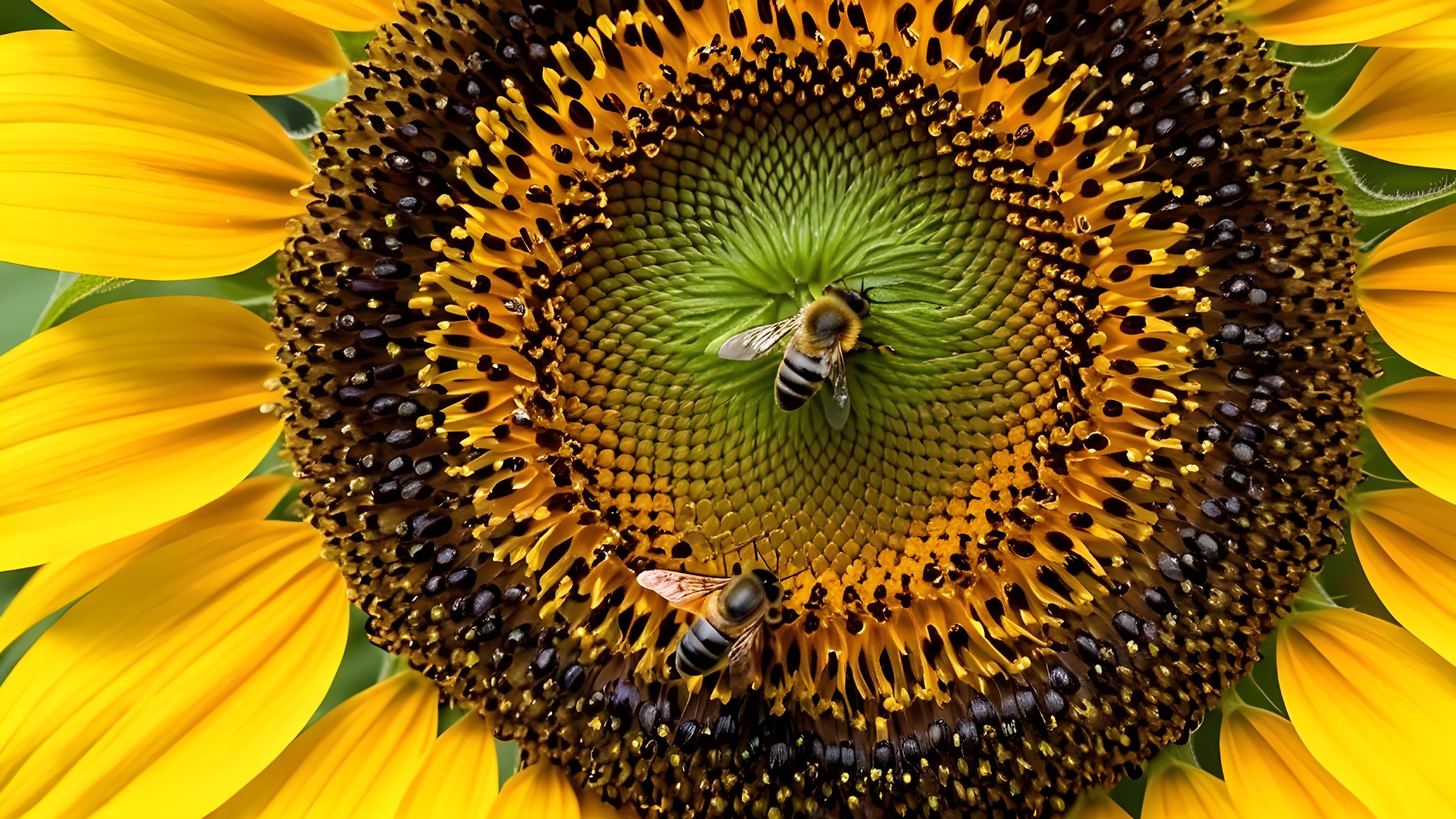 Close-up of a sunflower with bees collecting pollen