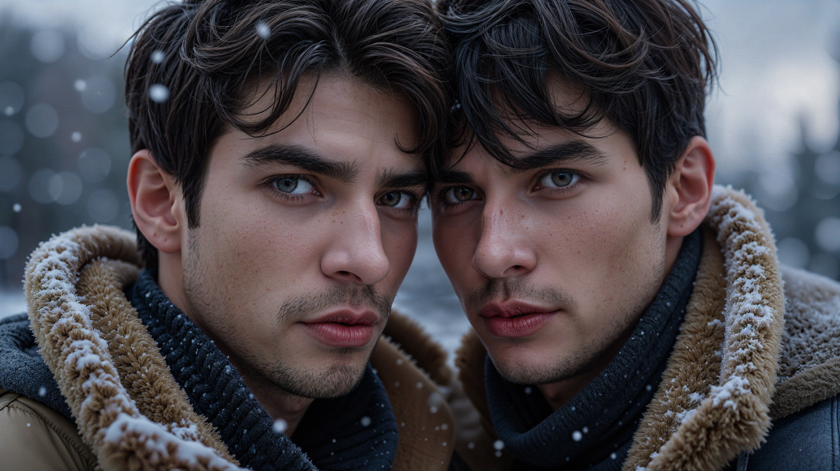 Young men in cozy outerwear against snowy backdrop