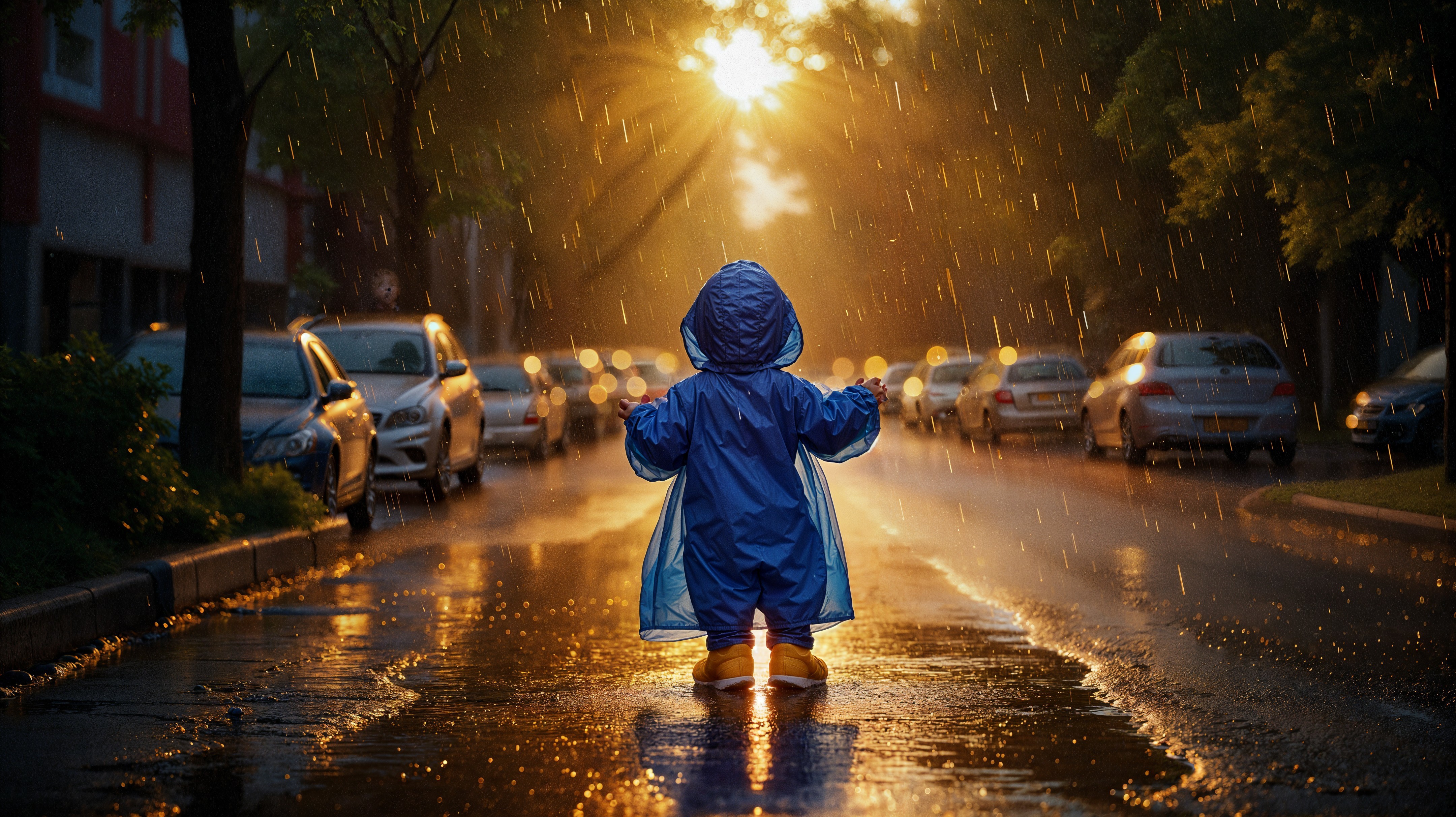 Child in blue raincoat on sunlit, rainy street