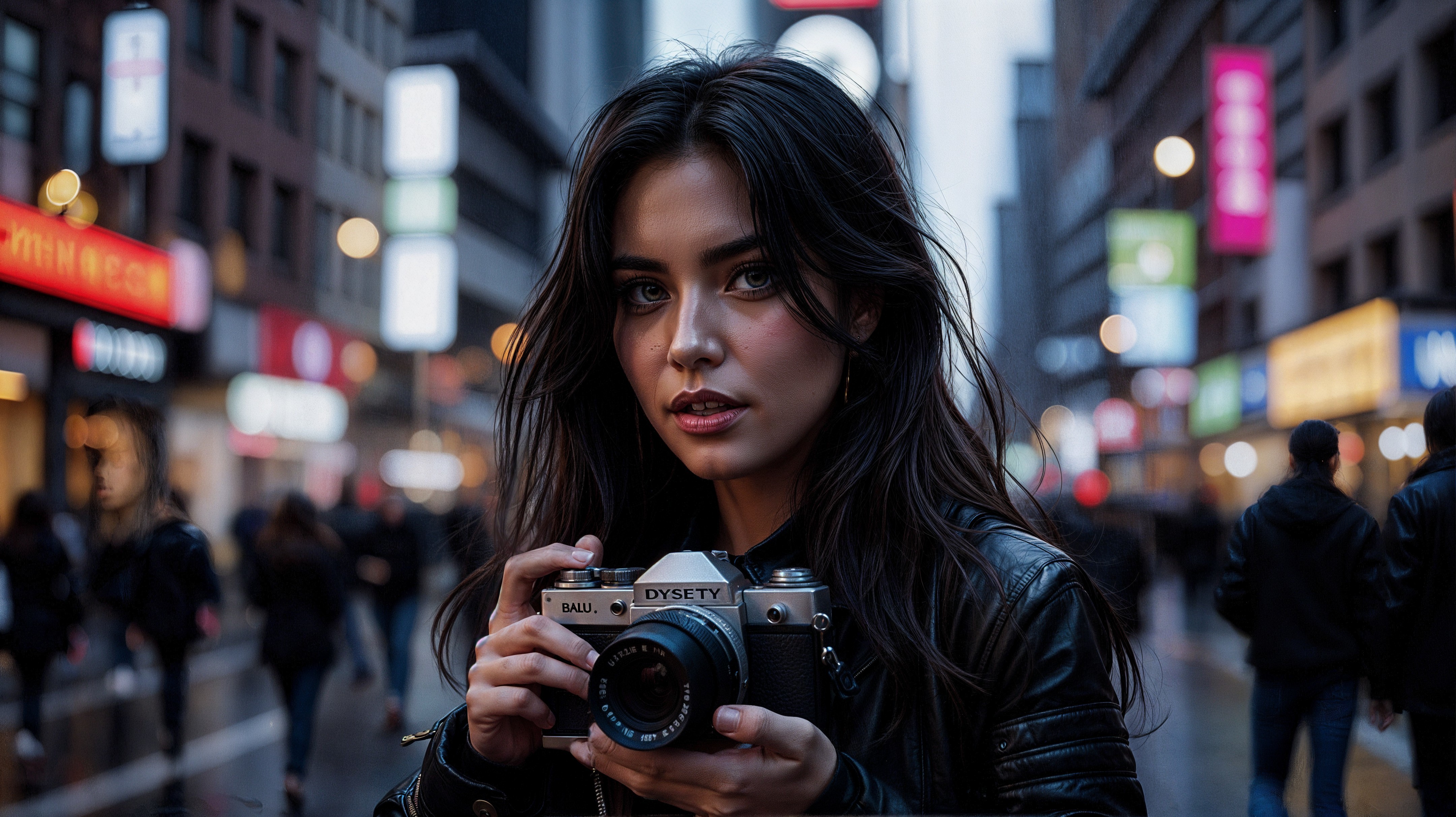 Young woman with vintage camera in urban setting