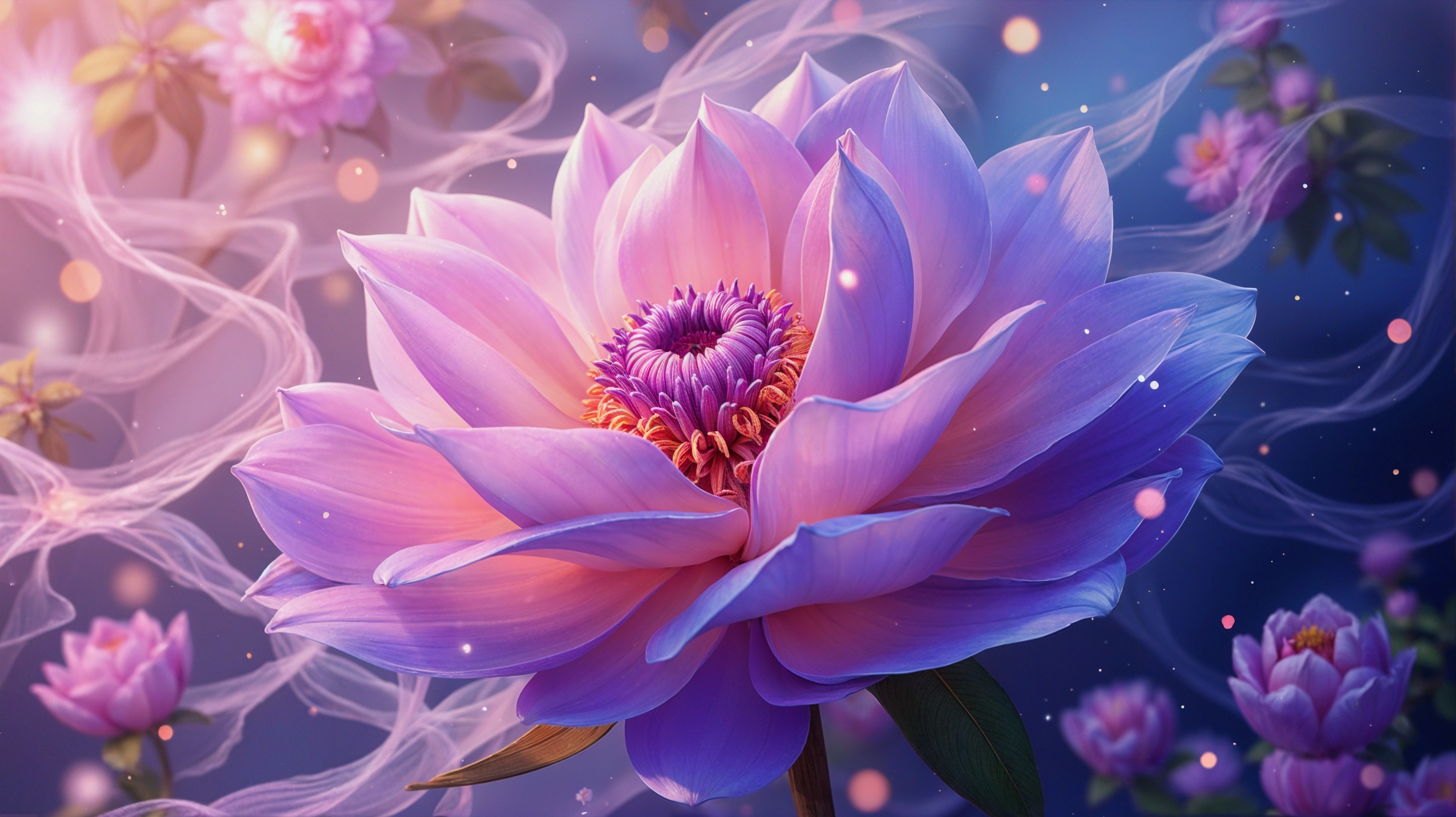 Close-up of a vibrant lavender and pink lotus flower