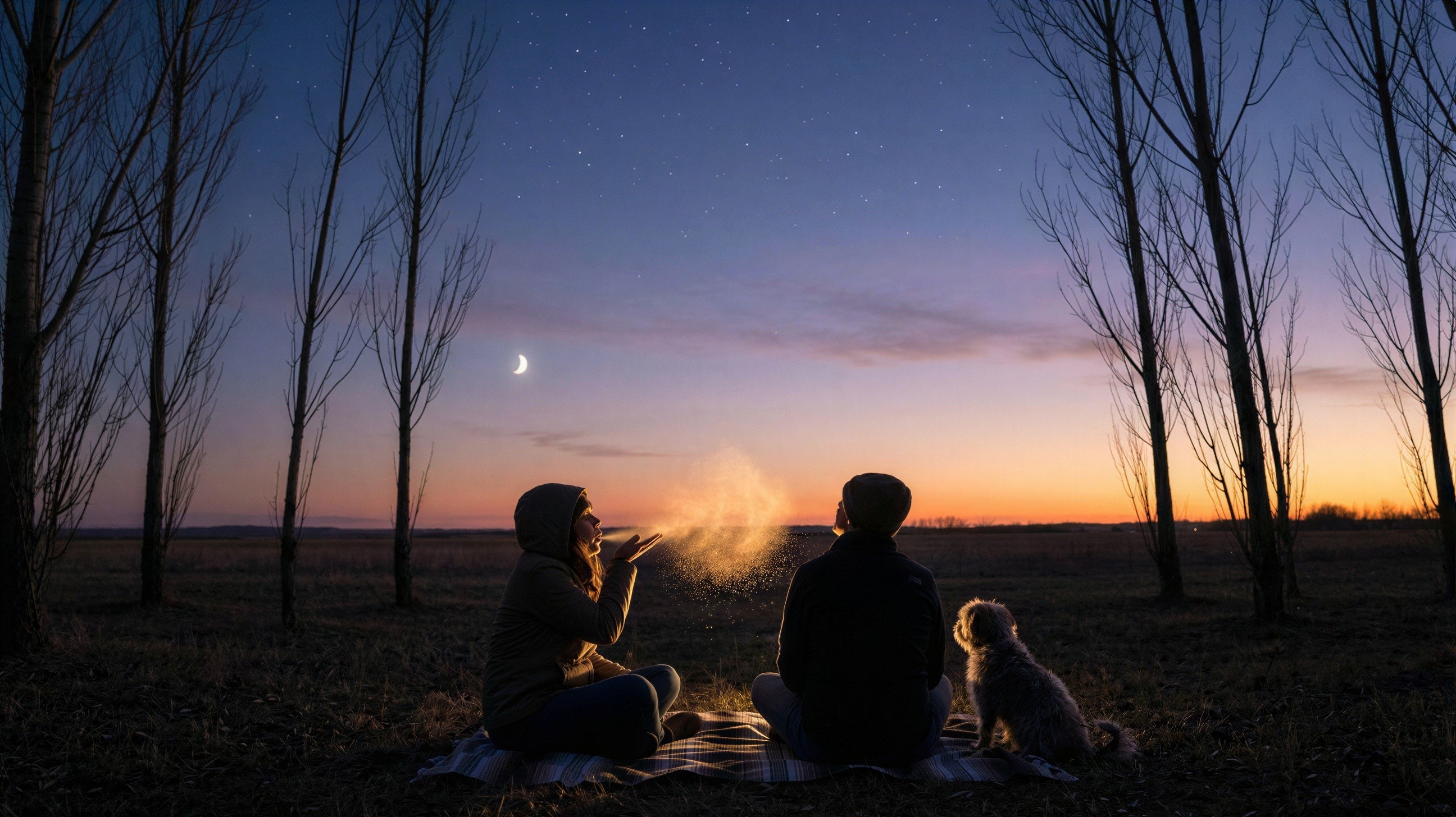 Twilight Scene with Two People and a White Dog
