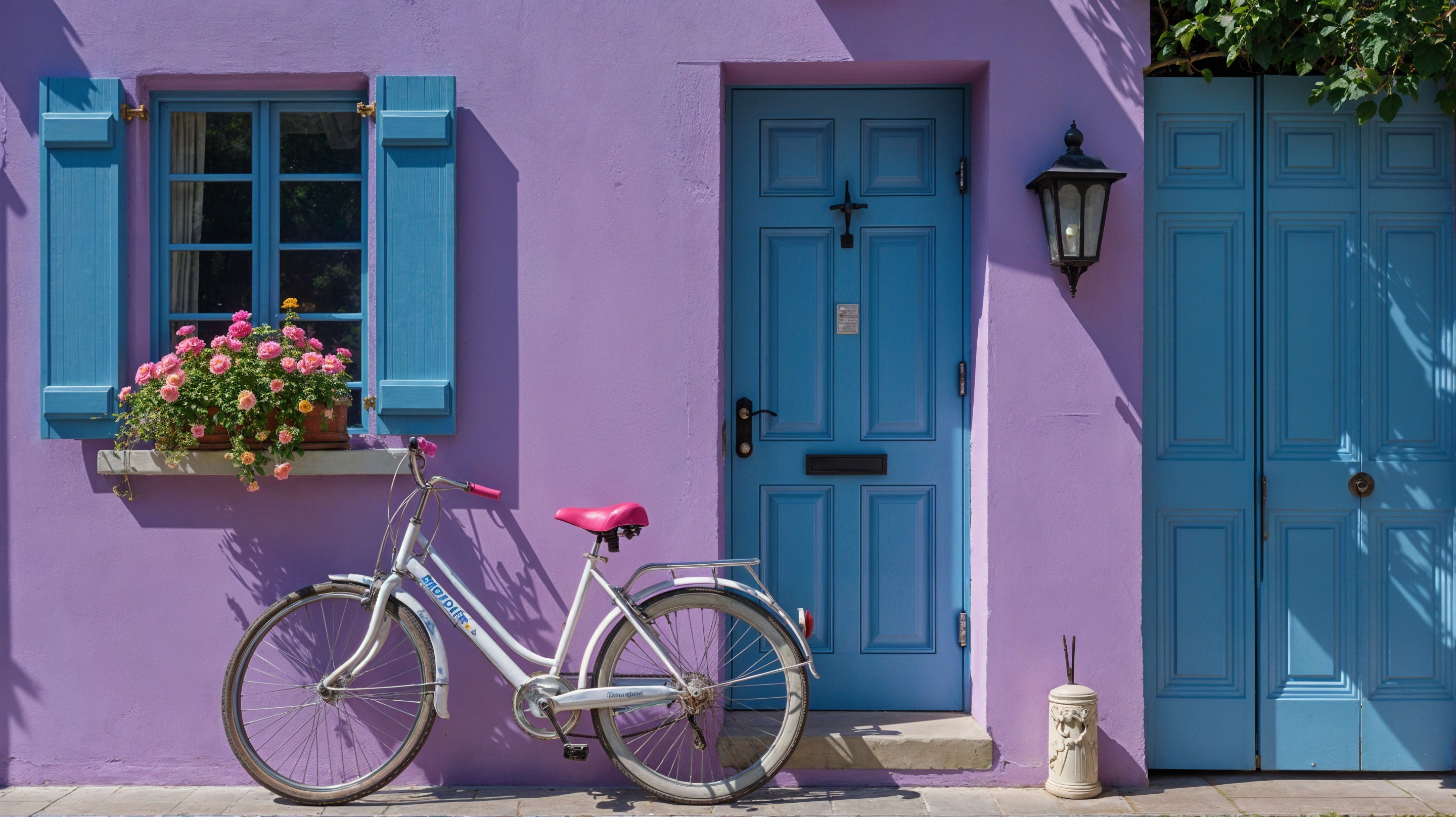 Charming Scene with Purple Wall and Vintage Bicycle