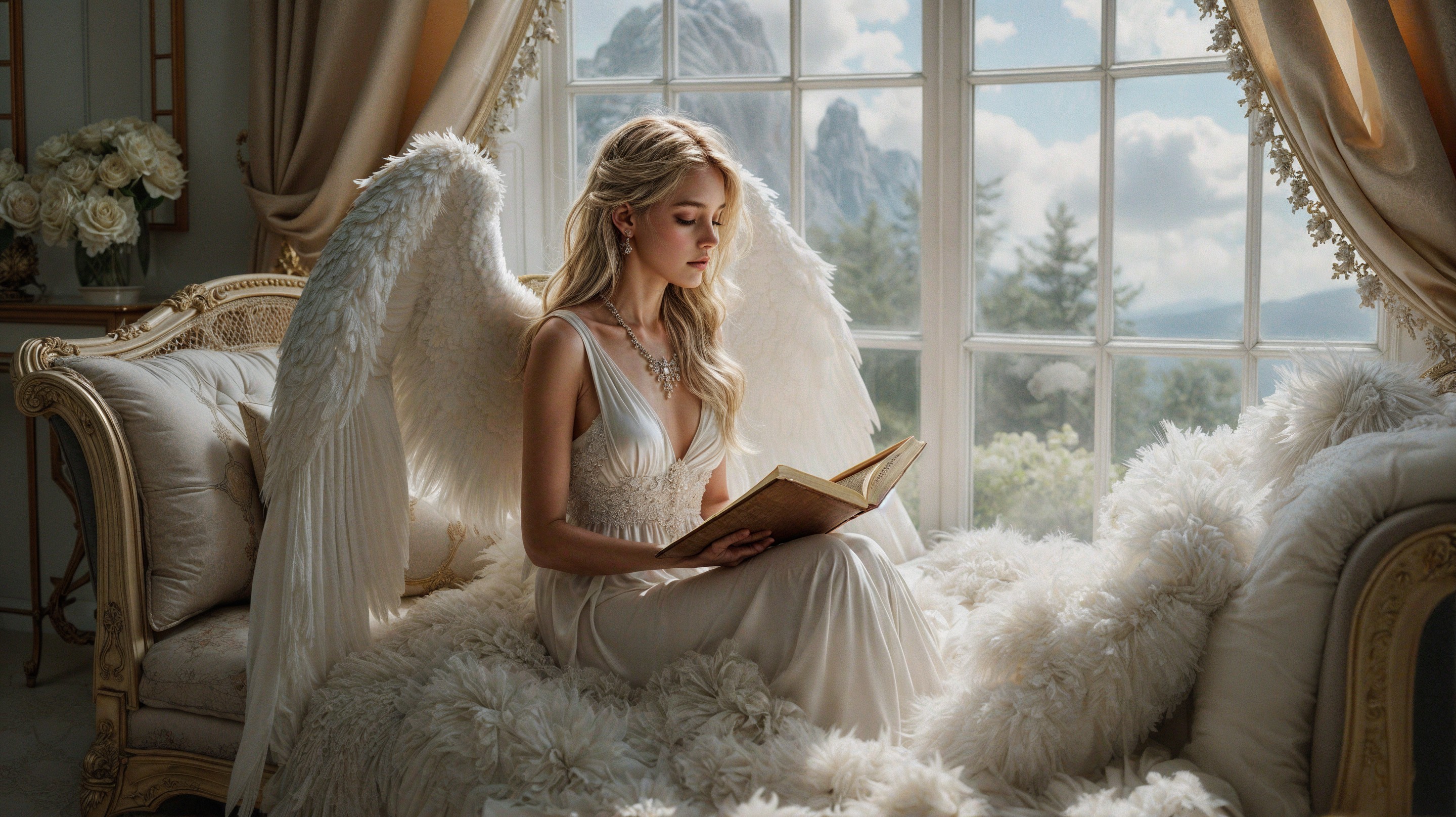 Young Woman with Wings Reading on a White Couch