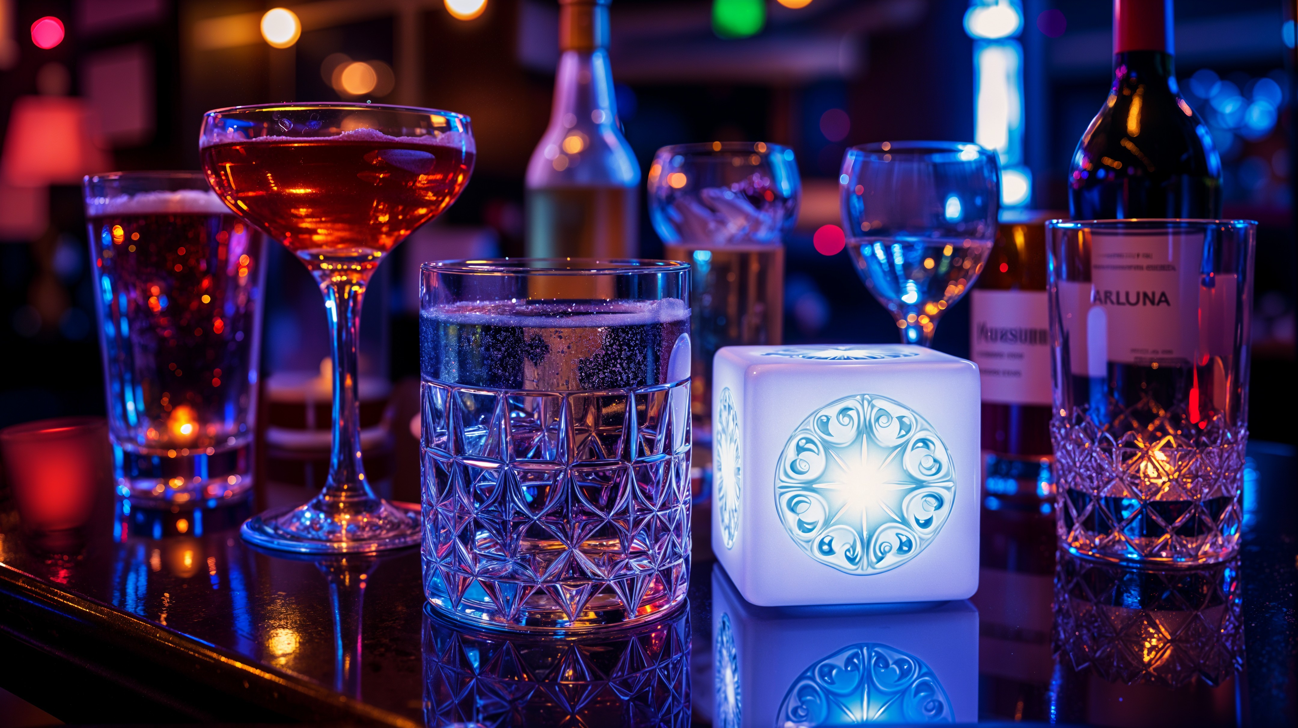 Vibrant bar scene with colorful cocktails and ambiance