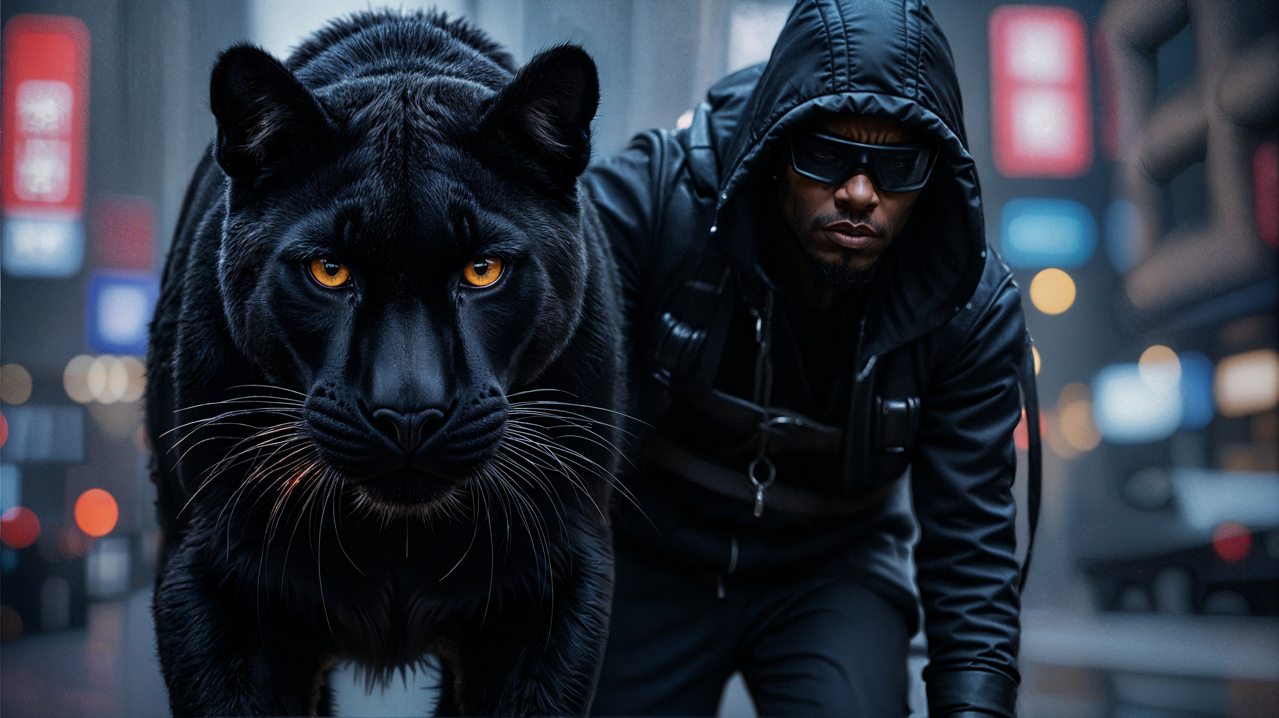 Black Panther and Man in Urban Setting Close-Up