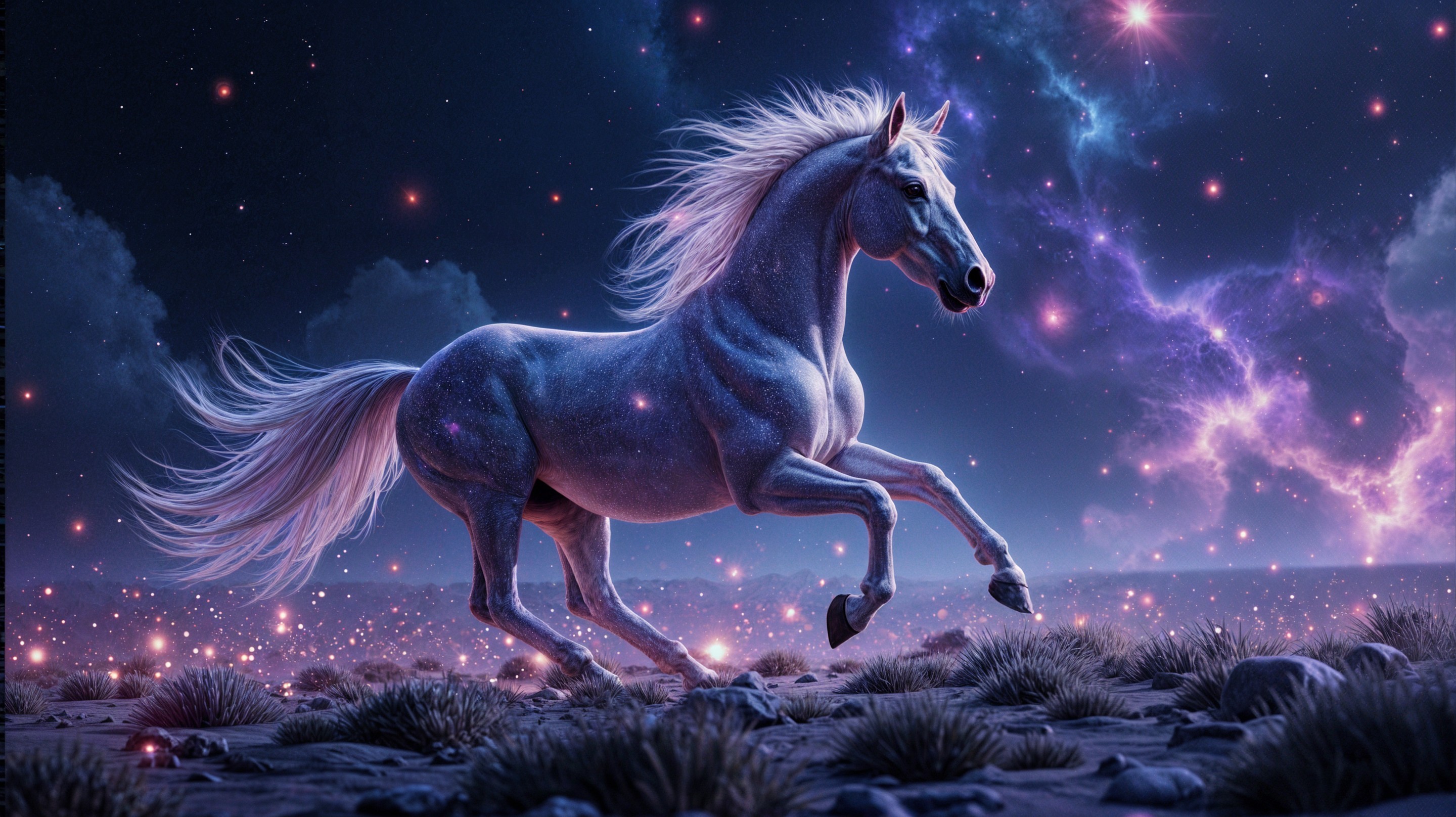 Majestic White Horse in a Cosmic Landscape