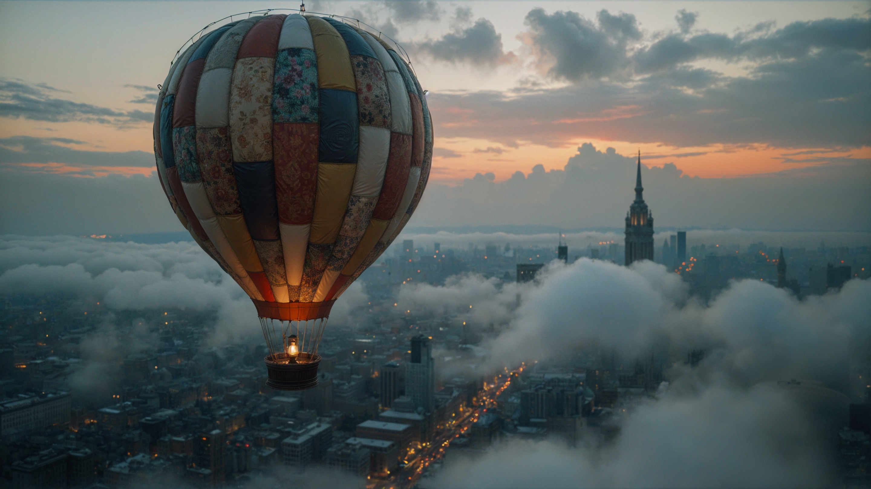 Colorful hot air balloon over cityscape at twilight