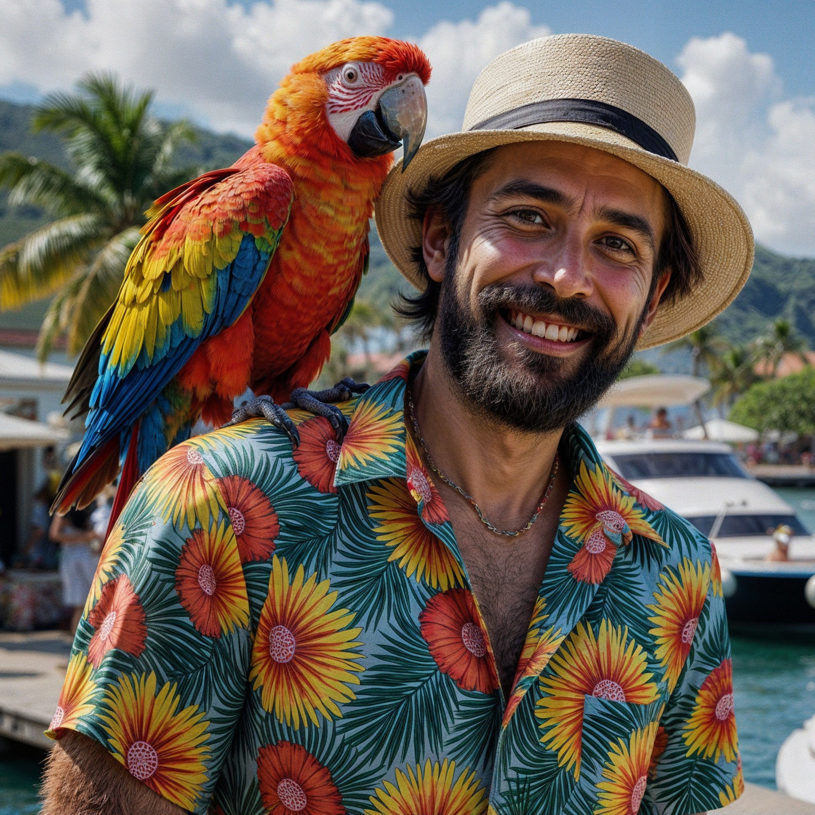 Cheerful man in floral shirt with macaw at harbor