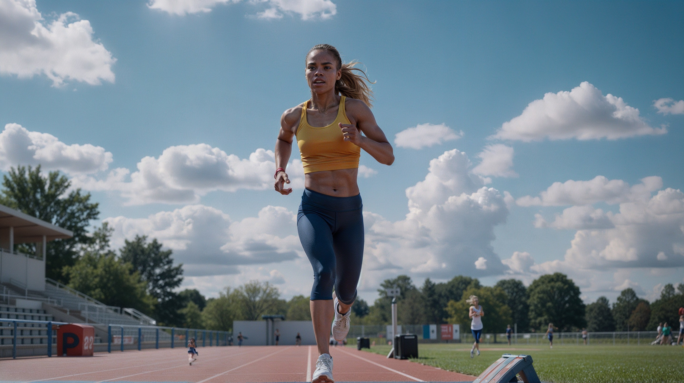 Female Athlete Sprinting on Track in Sunny Stadium