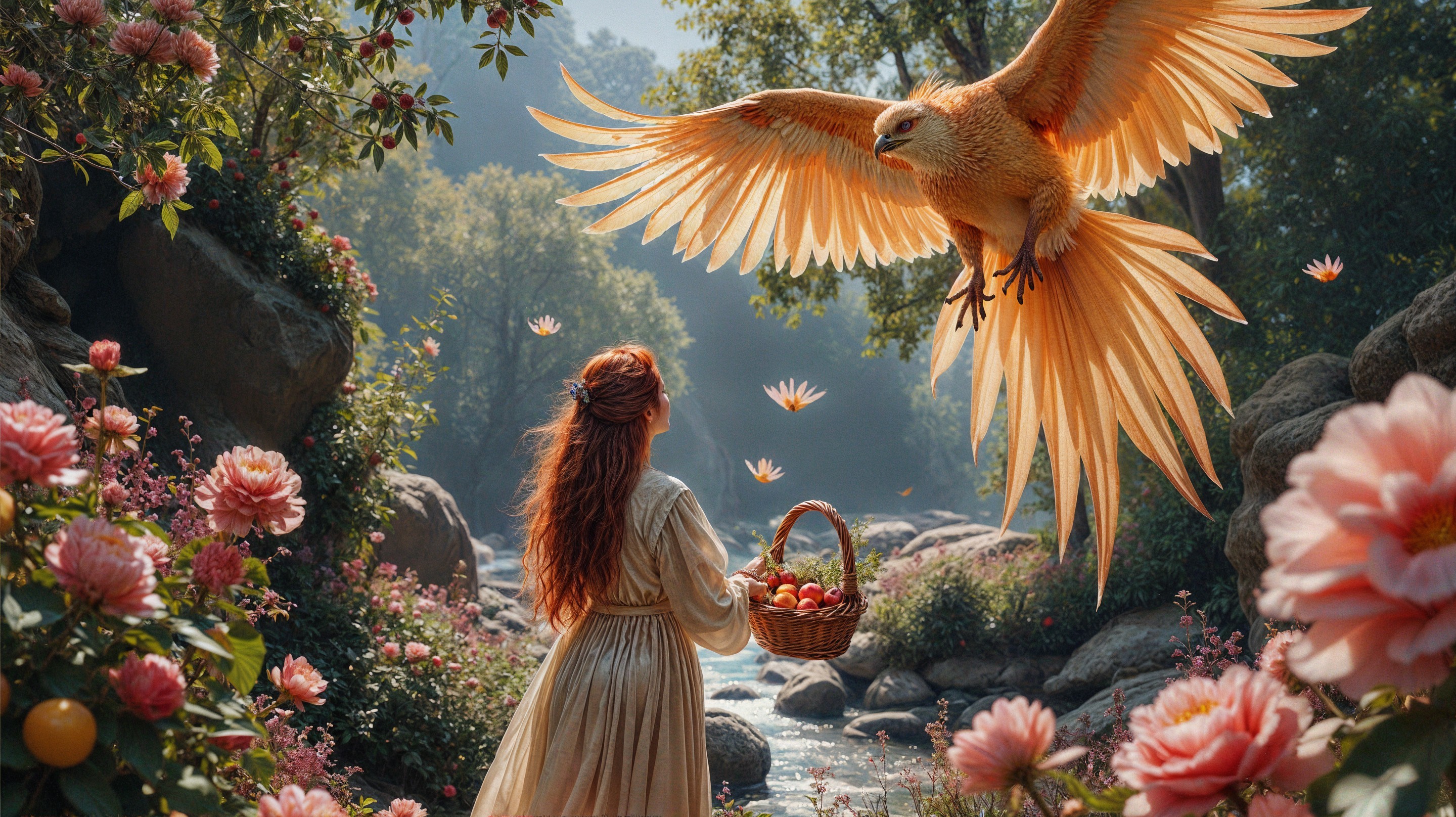 Young woman by stream with phoenix and vibrant flowers