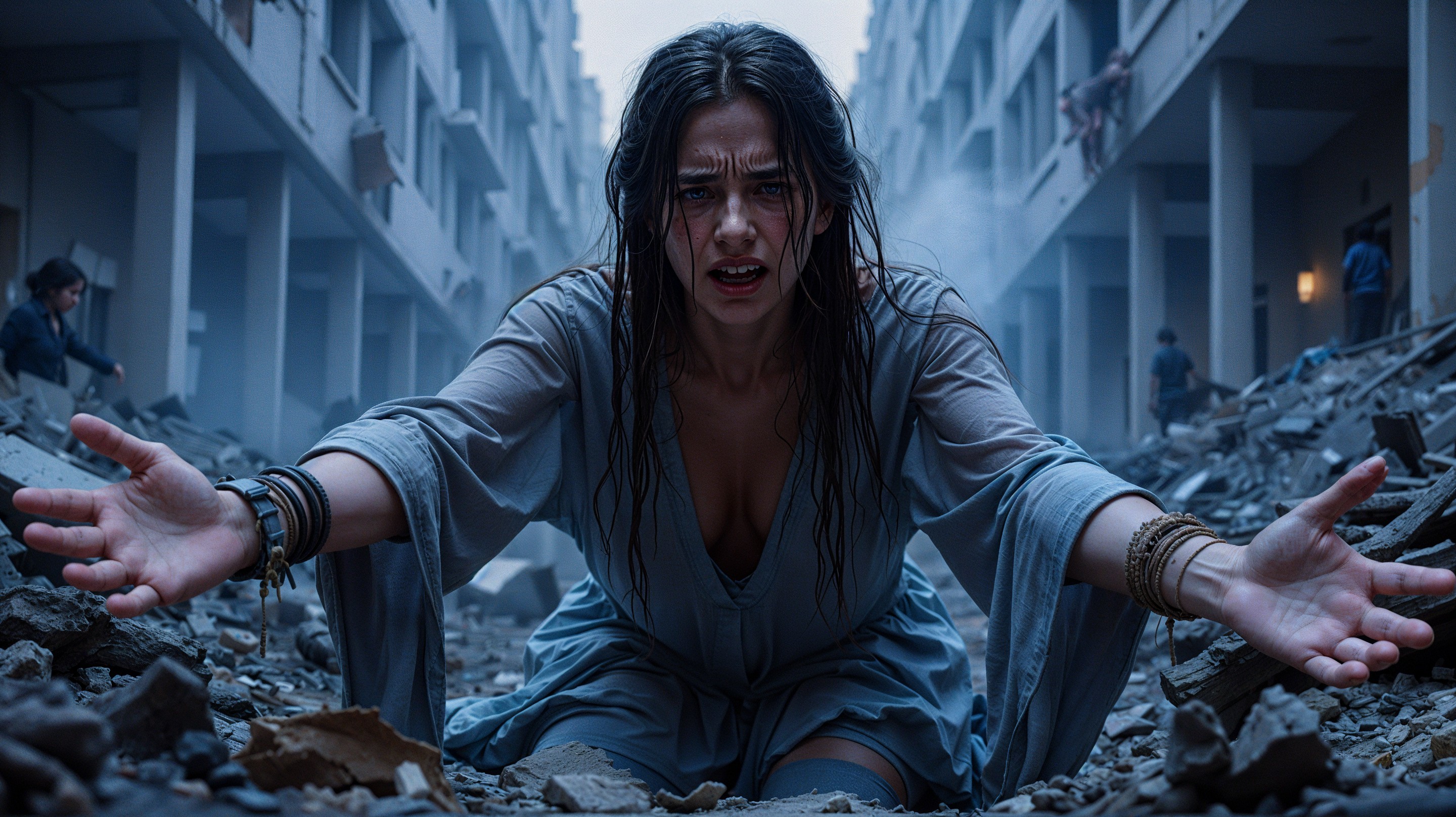 Woman in Blue Dress Kneeling in Urban Ruins
