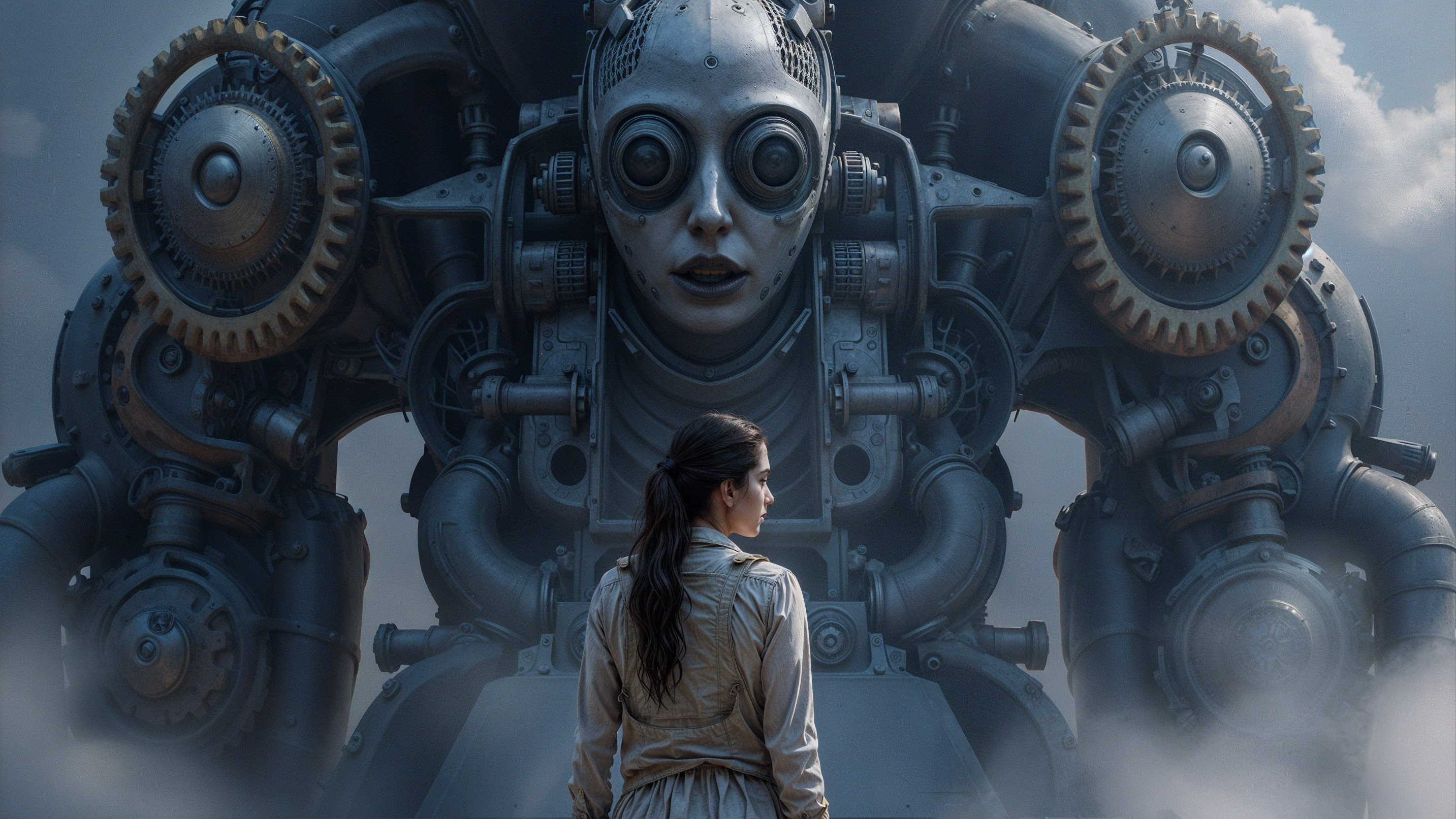 Woman in front of large, intricate robot in misty setting