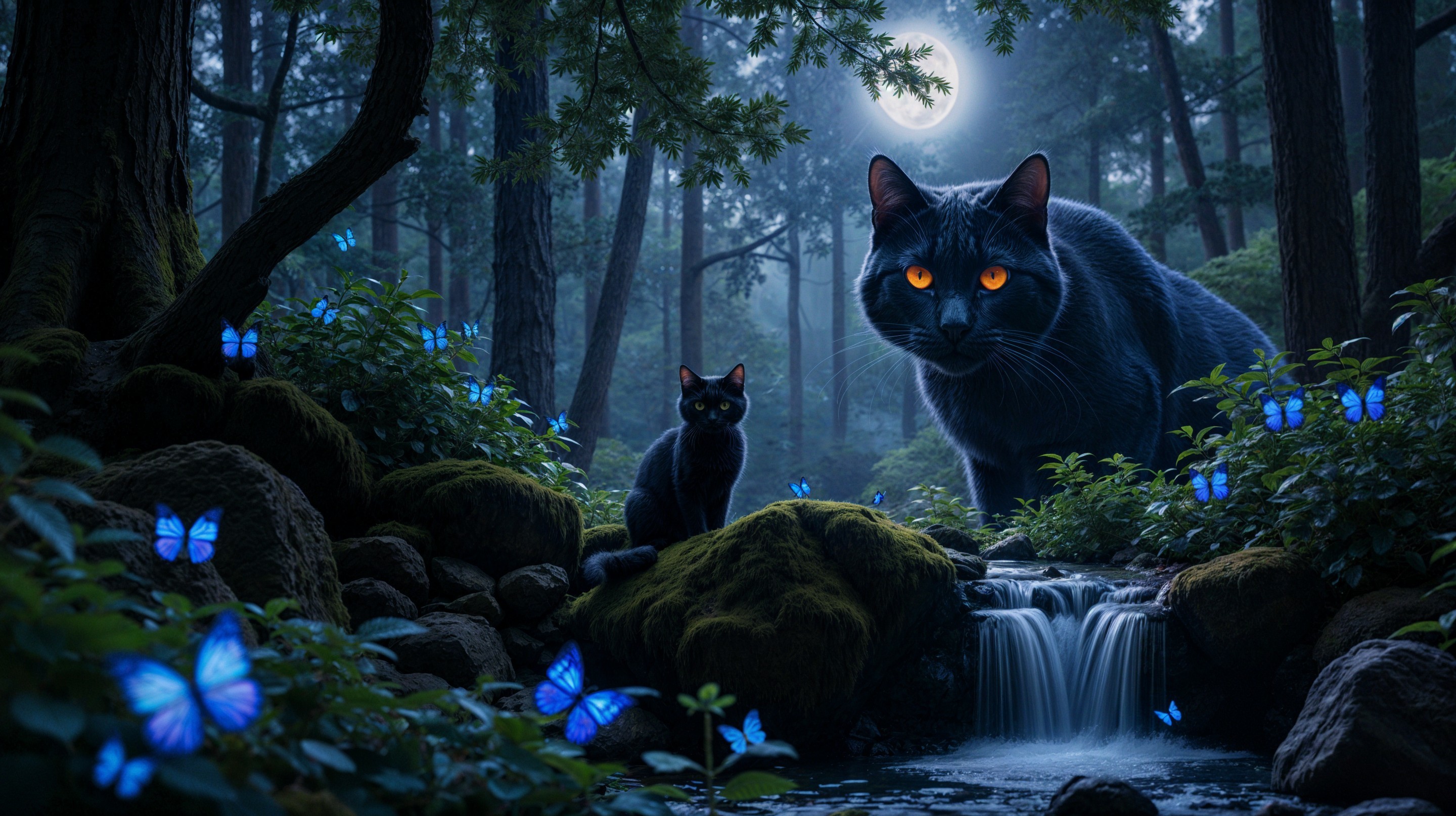 Mystical forest scene with cats and butterflies at night