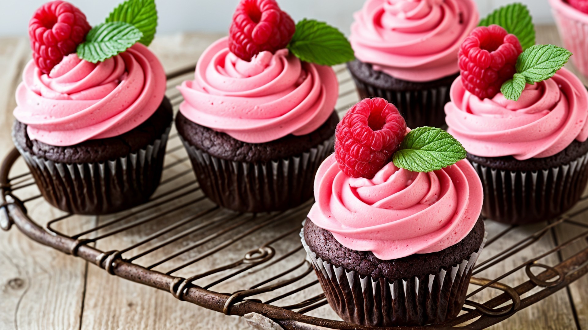 Chocolate Cupcakes with Pink Frosting and Raspberries