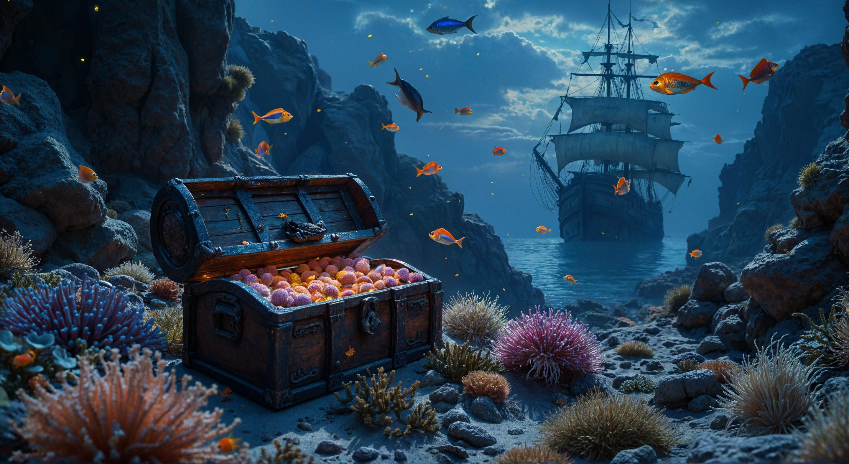 Underwater Scene with Treasure Chest and Colorful Pearls