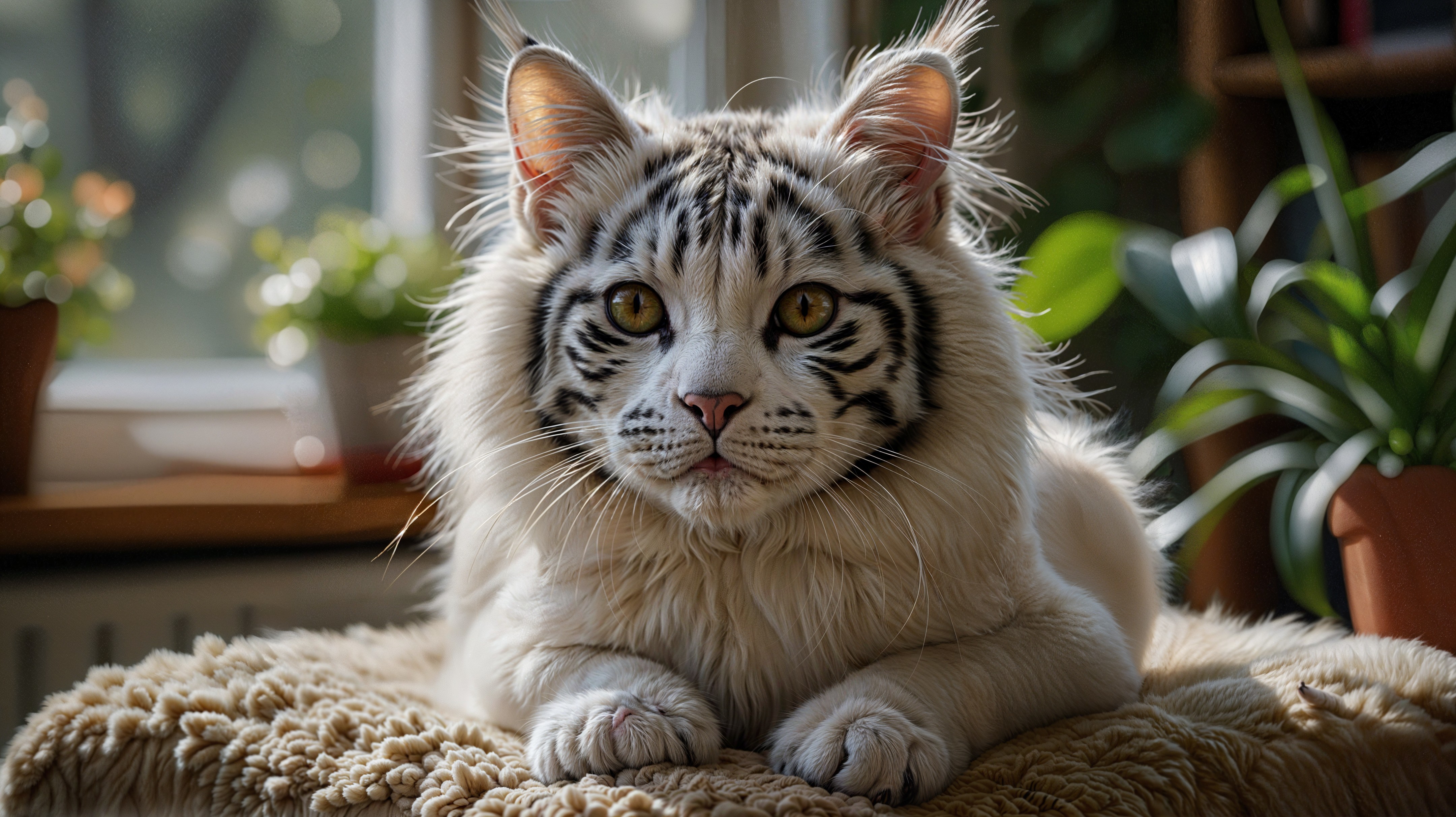 Fluffy White Cat with Black Stripes in Cozy Setting