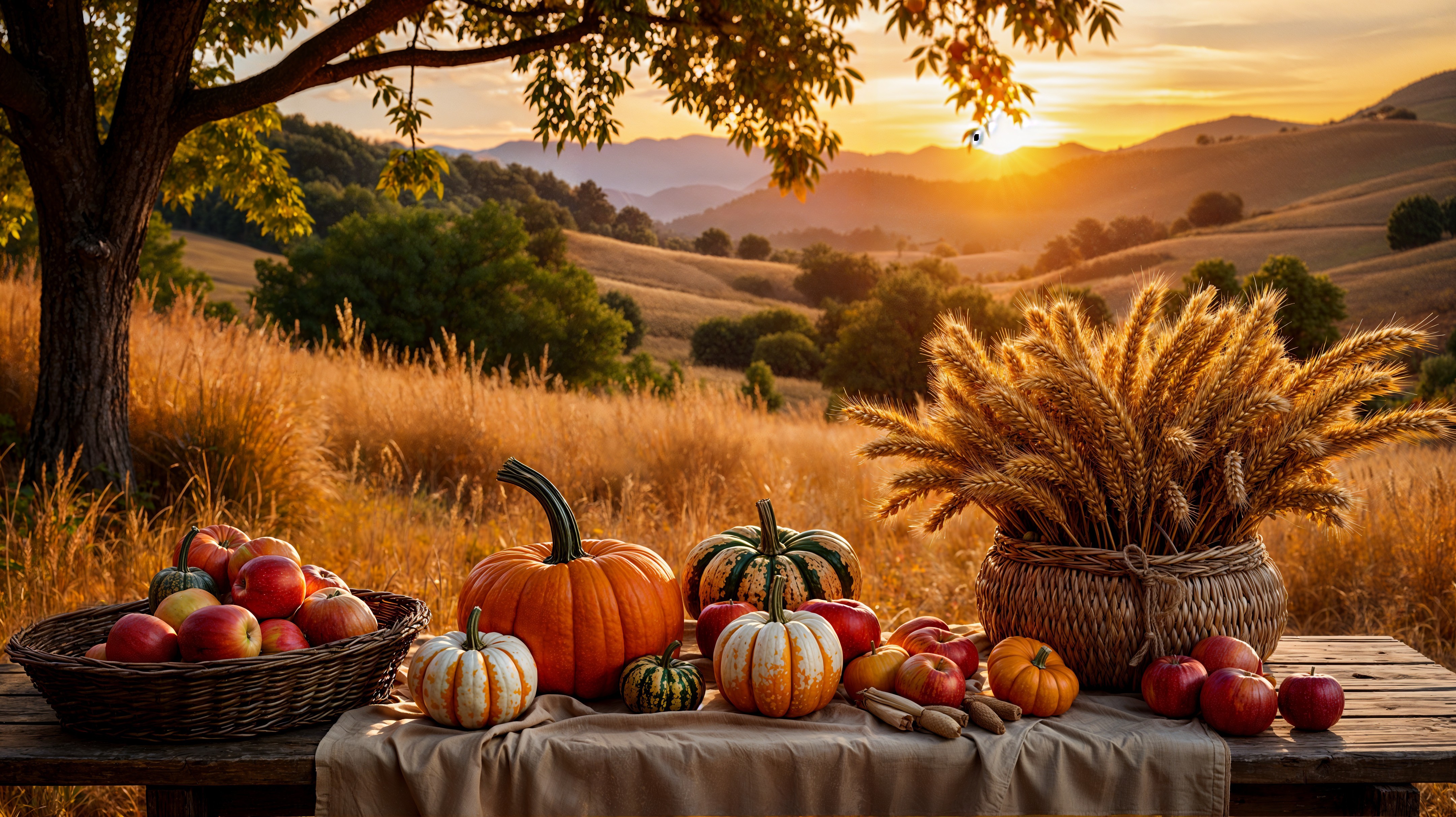 Autumn Scene with Pumpkins and Vibrant Apples