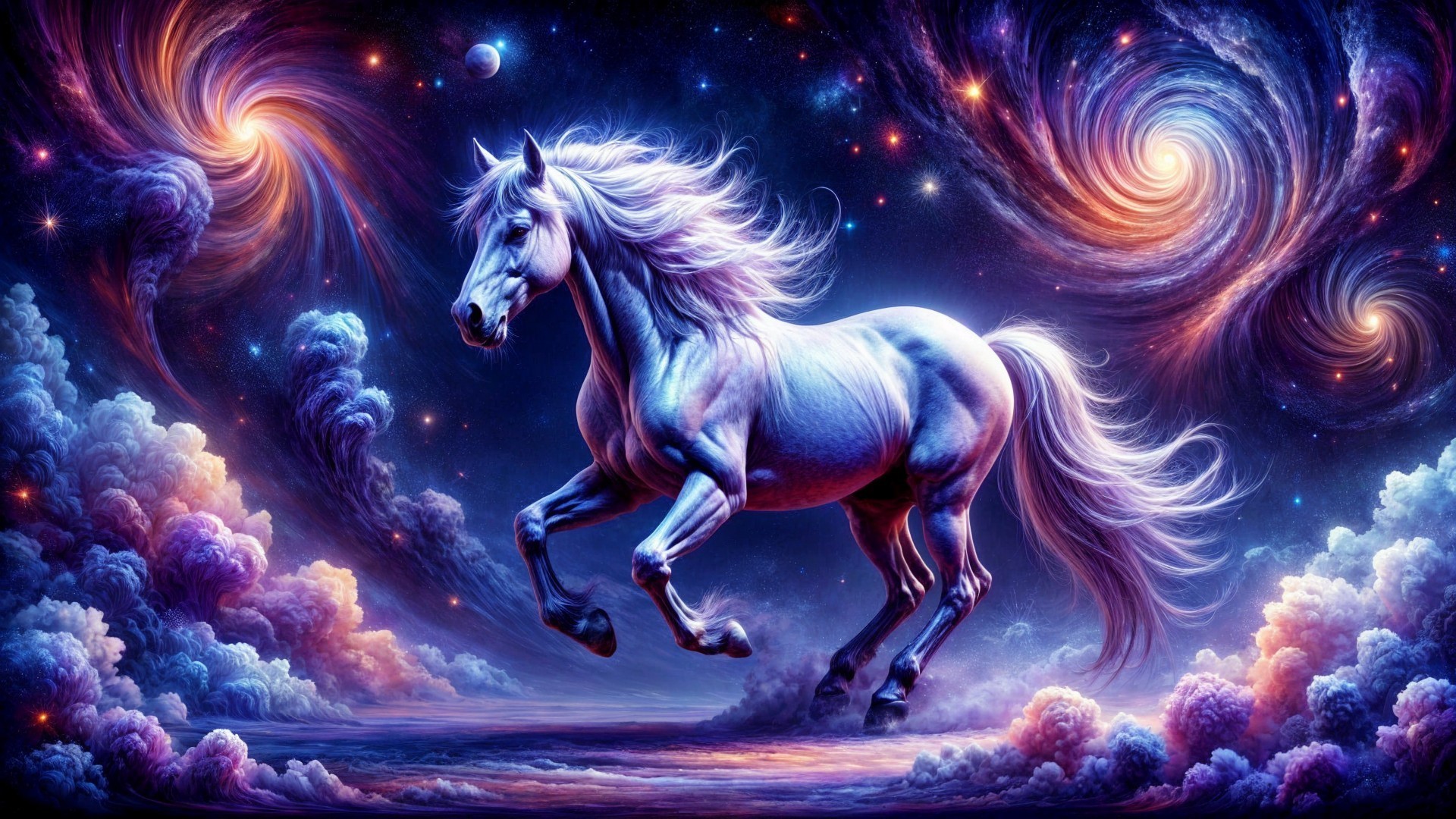 Unicorn in a Cosmic Landscape with Nebulae and Galaxies