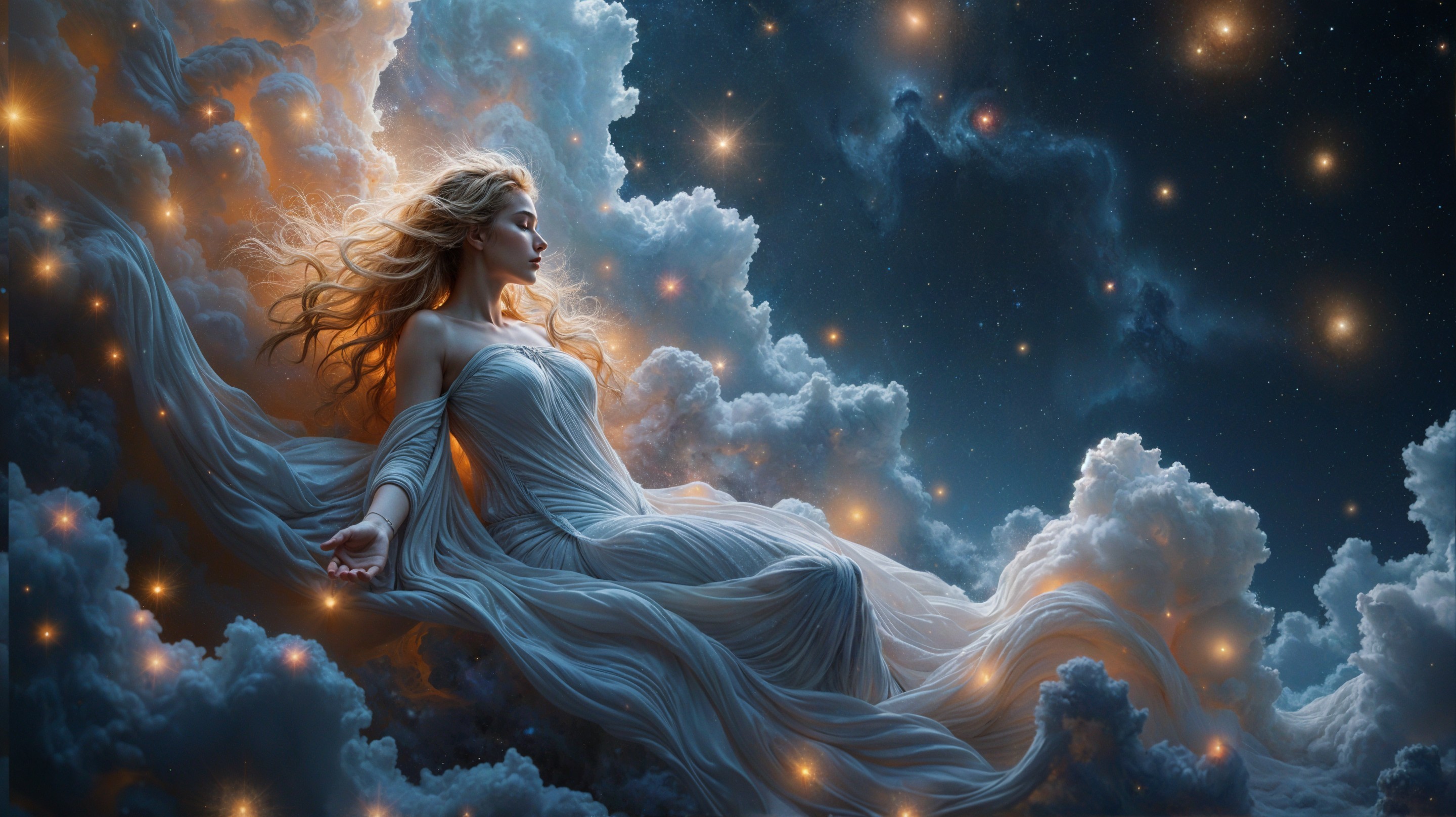 Serene figure in white fabric among starry clouds