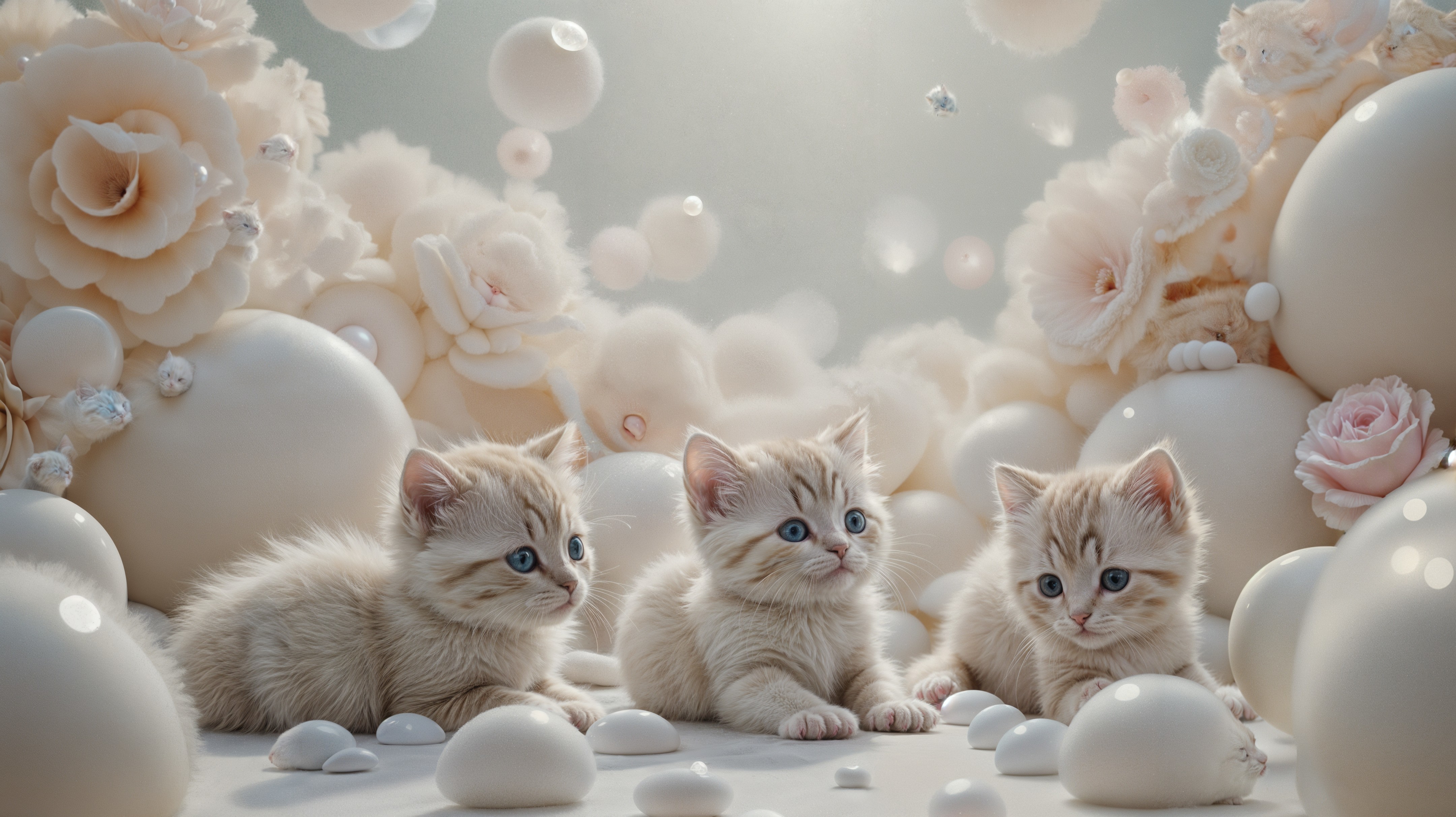 Playful Kittens Surrounded by Pastel Flowers and Eggs