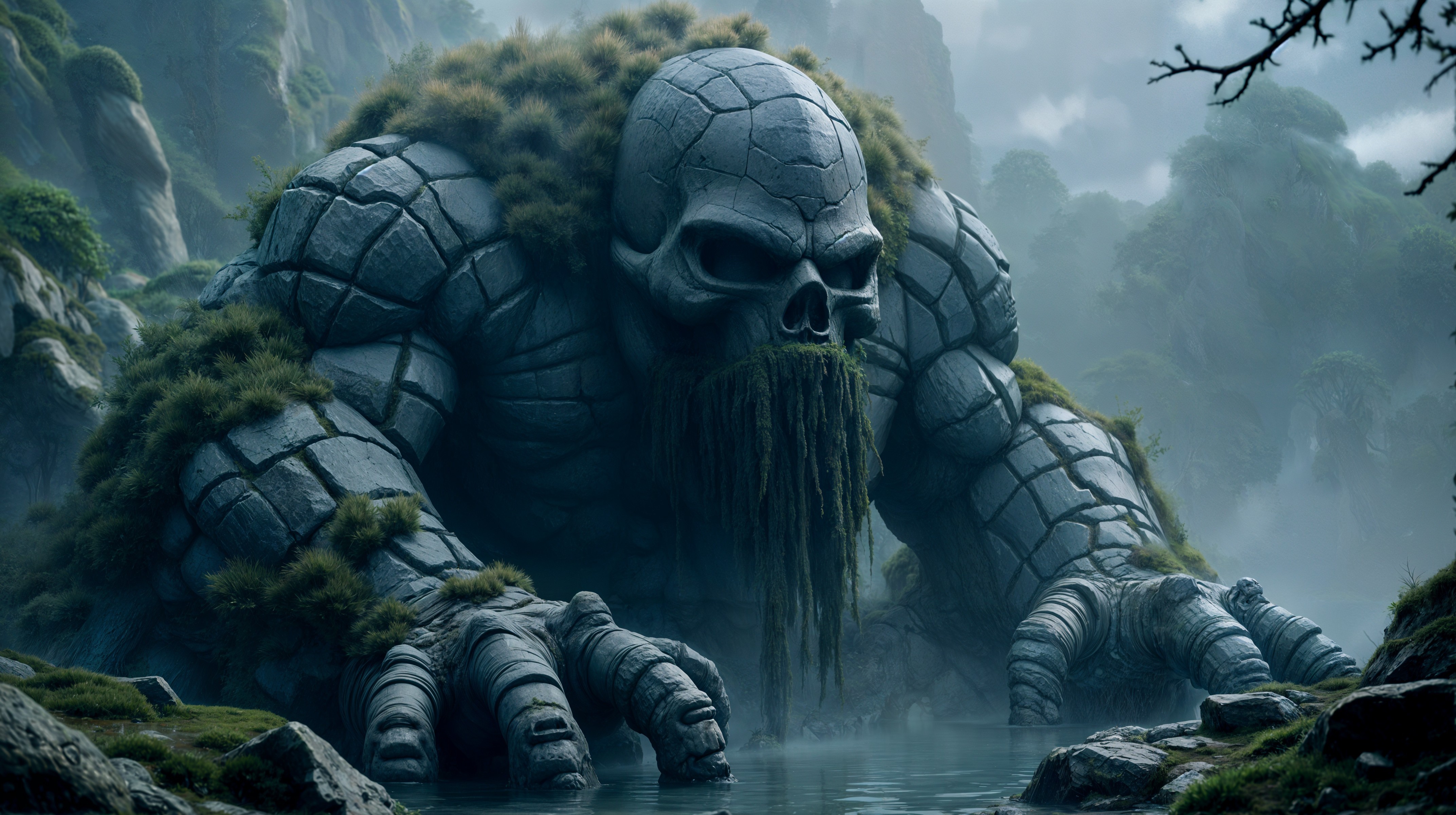 Colossal Skull Figure in Misty Green Landscape