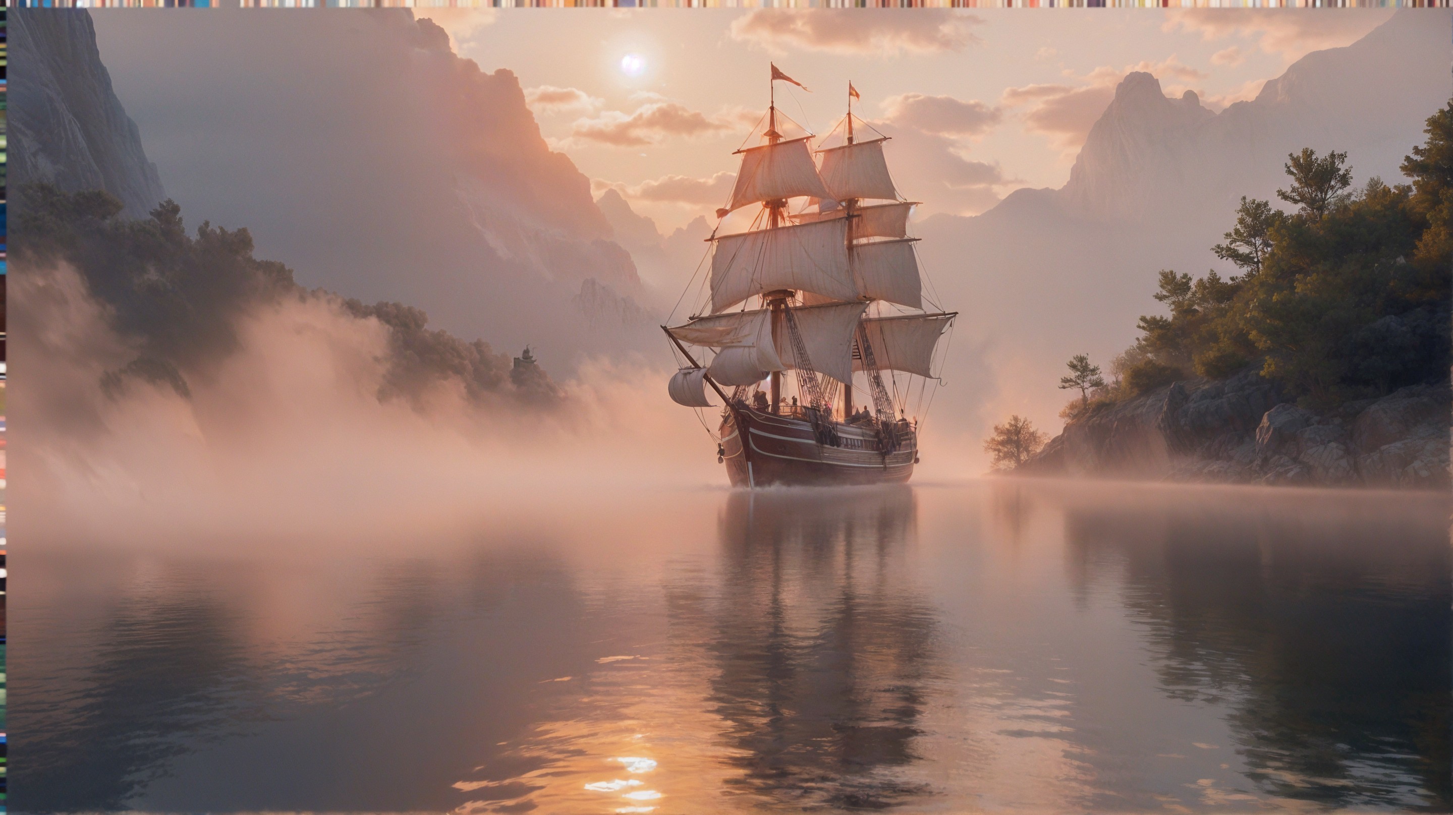 Majestic sailing ship on misty waterway at sunrise