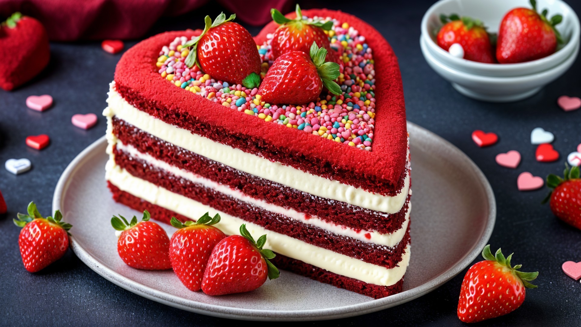 Heart-Shaped Red Velvet Cake with Frosting and Strawberries