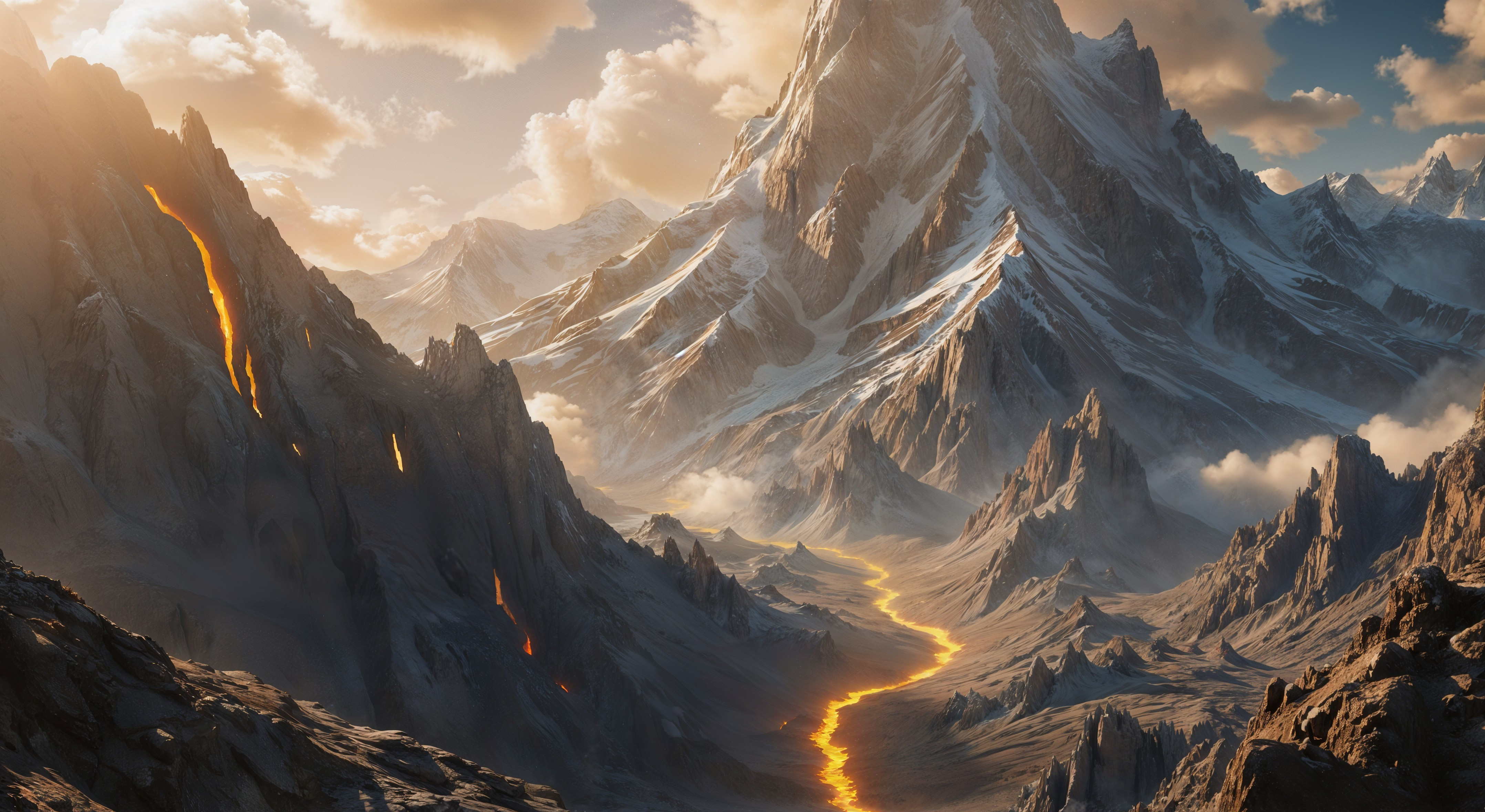 Majestic Mountain Range with Lava Flow and Clouds