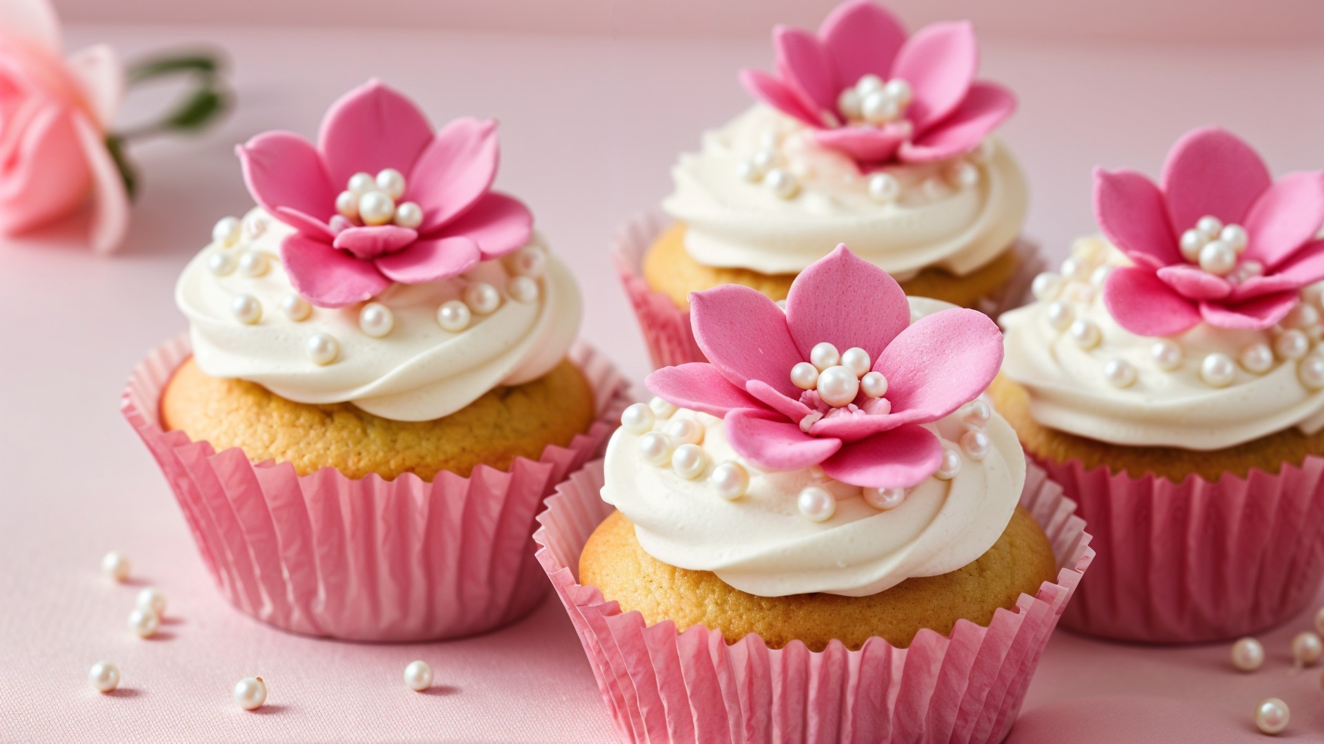 Cupcakes with White Icing and Pink Flower Decorations