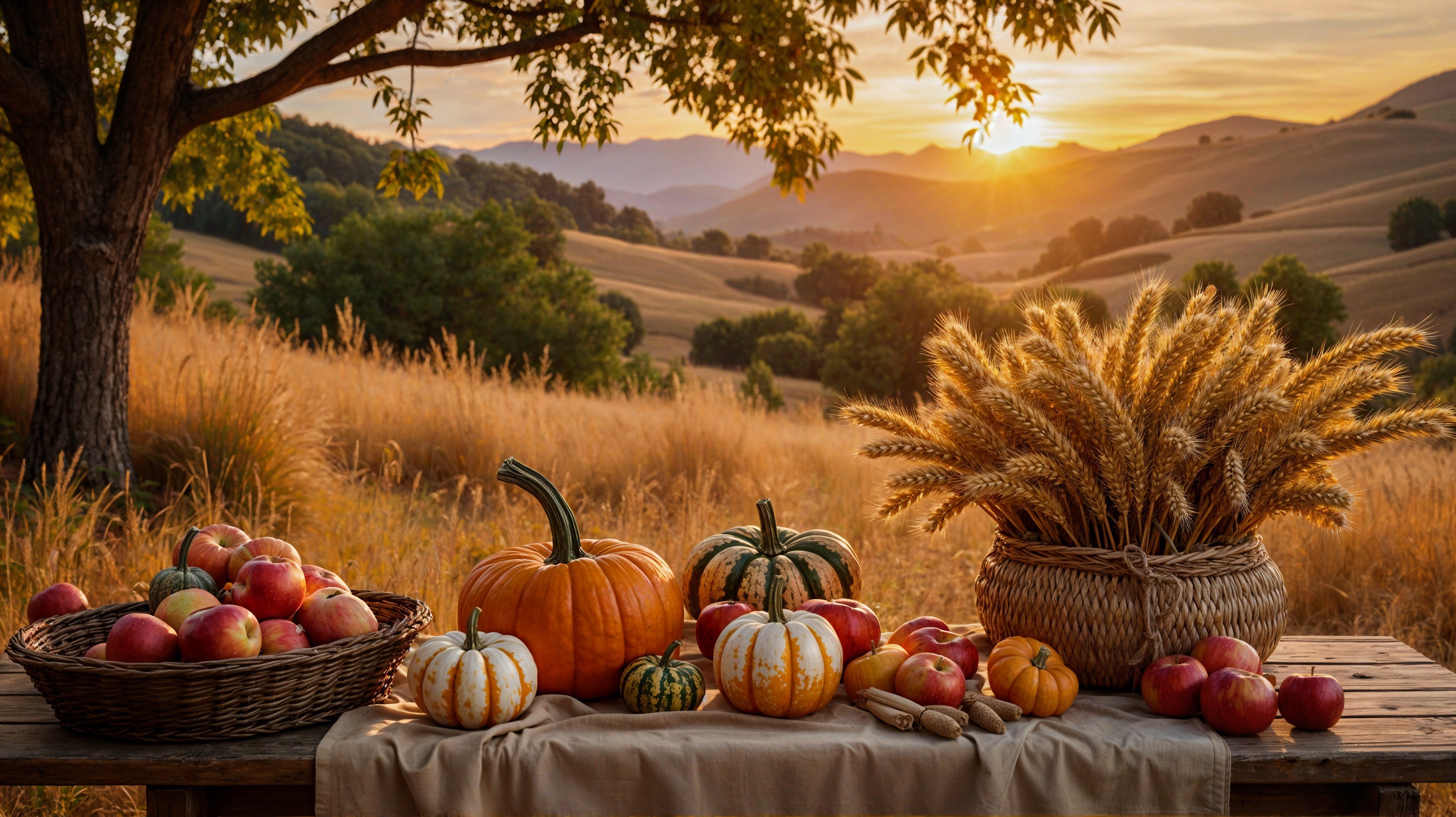 Autumn Scene with Pumpkins, Apples, and Wheat Basket